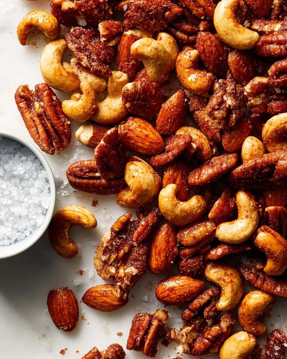 A close-up view of a mix of shiny roasted nuts including almonds, pecans, and cashews scattered across a white marbled surface. The nuts have a rich brown color with a slightly oily texture and are sprinkled with coarse sea salt crystals that add a contrasting white texture. In the bottom left corner, part of a white plate is visible holding more coarse sea salt. The image is sharp and brightly lit, showing the glossy nuts and salt clearly. Photo taken with an iphone --ar 4:5 --v 7