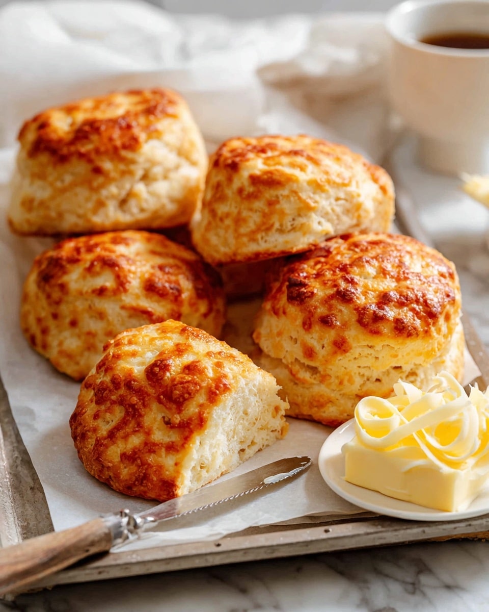This image shows six golden-brown scones with a slightly crispy, textured top and a soft, fluffy inside. They are arranged on a white tray lined with parchment paper that contrasts with the white marbled surface beneath. To the right side of the scones, there are curls of pale yellow butter placed on a small white plate, and a butter knife rests nearby with a small dollop of butter on the blade. The overall look is warm and inviting. photo taken with an iphone --ar 4:5 --v 7