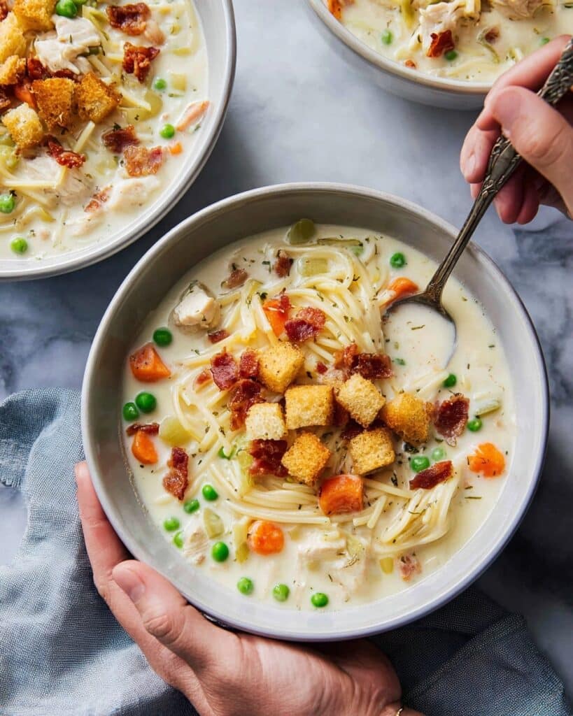 Creamy Chicken Noodle Soup with Mini Croutons and Crispy Bacon Recipe