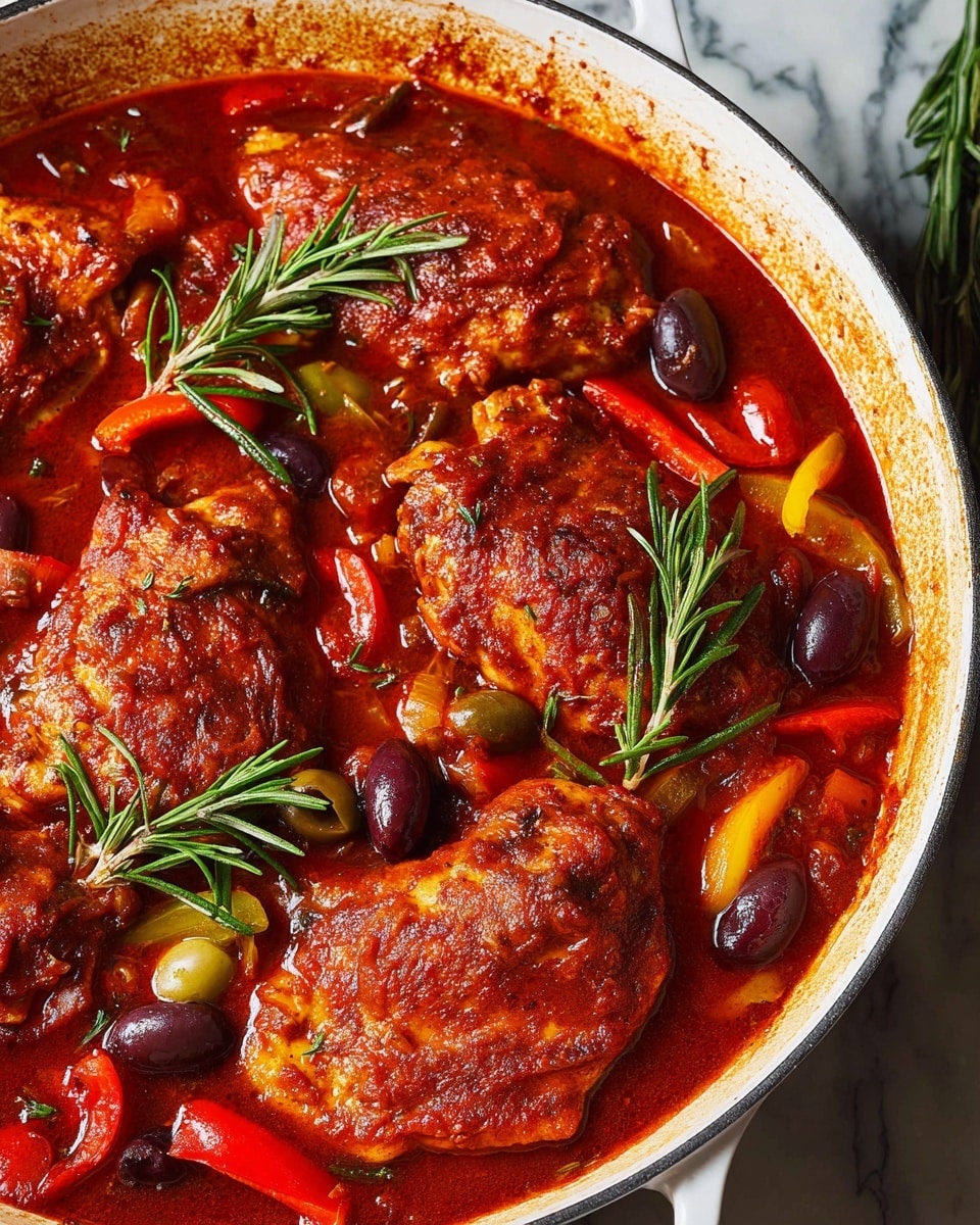 A close-up view of a cooking pot filled with six pieces of golden-brown cooked chicken thighs partially submerged in a rich, thick, red tomato-based sauce. Inside the sauce, there are dark purple olives and small slices of red bell peppers, with a few sprigs of fresh green rosemary placed on top for garnish. The edges of the pot show splashes of the sauce, indicating a hearty, slow-cooked meal. The pot sits on a white marbled texture surface. photo taken with an iphone --ar 4:5 --v 7