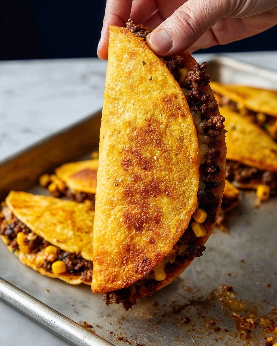 The image shows a golden-brown folded taco being held by a woman's hand, with a crispy outer shell as the top layer. Inside, there is a dark brown ground meat layer mixed with small bright yellow corn kernels visible near the edges. The taco shell has a textured, slightly bubbled surface with a crisp, crunchy look. The taco rests over a silver baking tray with some cooked food bits on it, and there are more folded tacos on the tray with the same golden crust and filling visible. The background is a white marbled texture. photo taken with an iphone --ar 4:5 --v 7