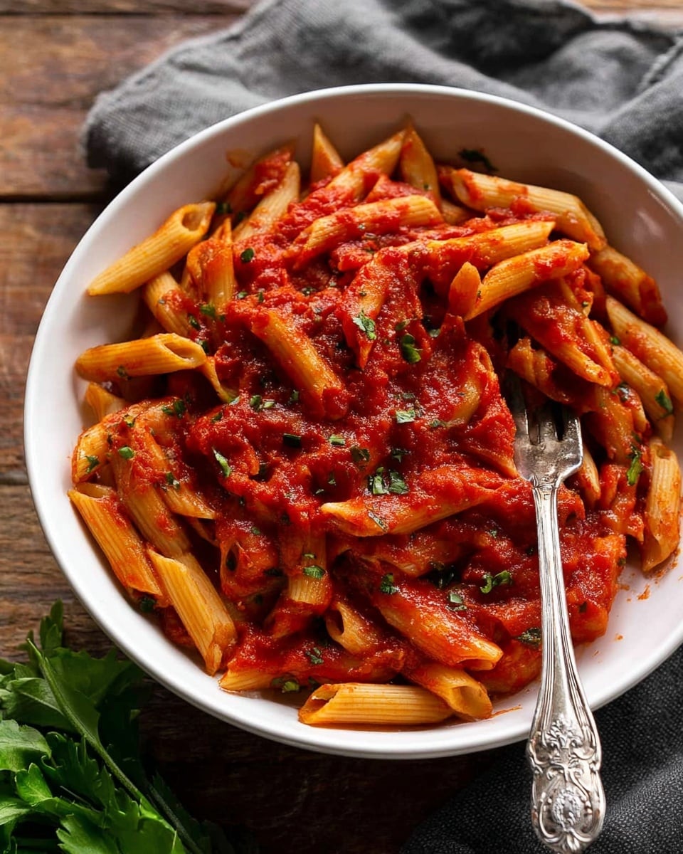 A white bowl filled with penne pasta covered in bright red tomato sauce. The pasta is well-coated, with small pieces of tomato visible in the sauce. The dish is sprinkled with finely chopped green herbs and red chili flakes, adding a touch of color and texture on top. A silver spoon with intricate designs rests inside the bowl to the right. The bowl sits on a wooden surface with a soft beige cloth partly visible at the top. Near the bottom left, some green leafy arugula is seen. Photo taken with an iphone --ar 4:5 --v 7