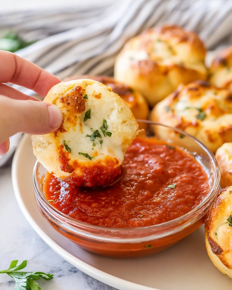 The image shows a small, round golden-brown garlic roll with visible green parsley bits, held by a woman's hand above a clear glass bowl filled with thick, red marinara sauce, which sits on a white plate surrounded by more garlic rolls. The rolls have a soft, fluffy texture with a slightly crispy outside and melted cheese visible in swirls on top. The background features a white marbled surface with a blue-striped cloth and garlic bulbs softly blurred behind. photo taken with an iphone --ar 4:5 --v 7