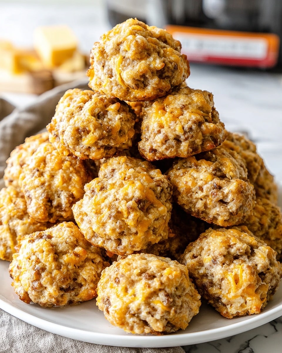 A white plate filled with a large stack of round, golden-brown baked sausage balls. Each ball has a rough, crumbly texture with small visible chunks of cheese embedded in the dough. The sausage balls are piled high in layers, with some sitting on top of others, showing their uneven, homemade shapes. The background is a white marbled texture, and some kitchen items are softly blurred out behind the plate. Photo taken with an iphone --ar 4:5 --v 7
