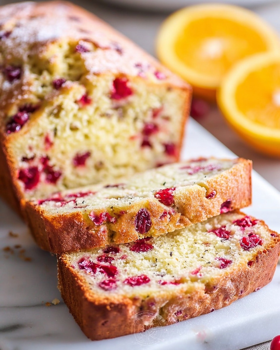 A loaf of cranberry bread is shown on a white marbled surface, sliced to reveal two thick layers inside: a light yellow, moist cake base with bright red cranberries scattered evenly, and a golden brown crust wrapping around the sides and bottom for a firm texture. The front slice leans slightly forward to show the crumb detail with more cranberries inside. In the background, two orange slices add a pop of color. The light is soft, highlighting the bread’s moist crumb and the shiny, slightly cracked crust. Photo taken with an iphone --ar 4:5 --v 7