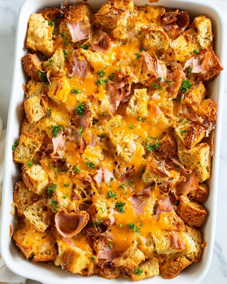 This dish is a casserole with three visible layers. The bottom layer is a white casserole dish filled with pieces of toasted bread, which are golden brown and crispy with some darker toasted edges. The middle layer has slices of ham, lightly browned and curled, scattered among the bread. The top layer is melted cheddar cheese, bright orange and gooey, covering the bread and ham unevenly. Small green parsley pieces are sprinkled on top for color. The whole dish sits on a white marbled surface. photo taken with an iphone --ar 4:5 --v 7
