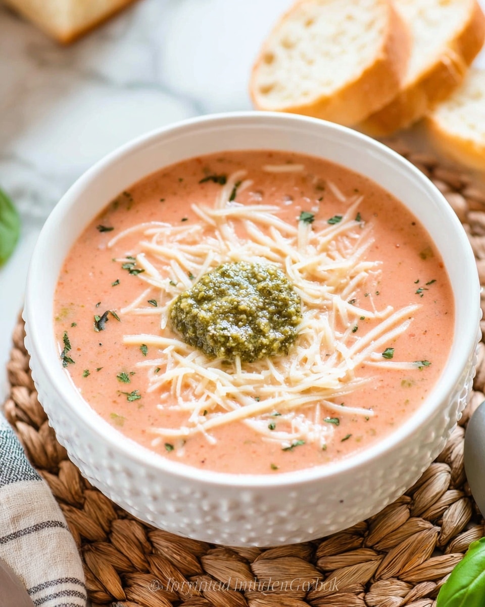 A white textured bowl filled with a smooth pink tomato soup topped with thin, light pink shredded cheese scattered across the surface and a small dollop of bright green pesto placed in the middle. The bowl sits on a woven placemat with slices of crusty white bread nearby and hints of fresh green basil leaves in the blurred background, all set on a white marbled surface. photo taken with an iphone --ar 4:5 --v 7