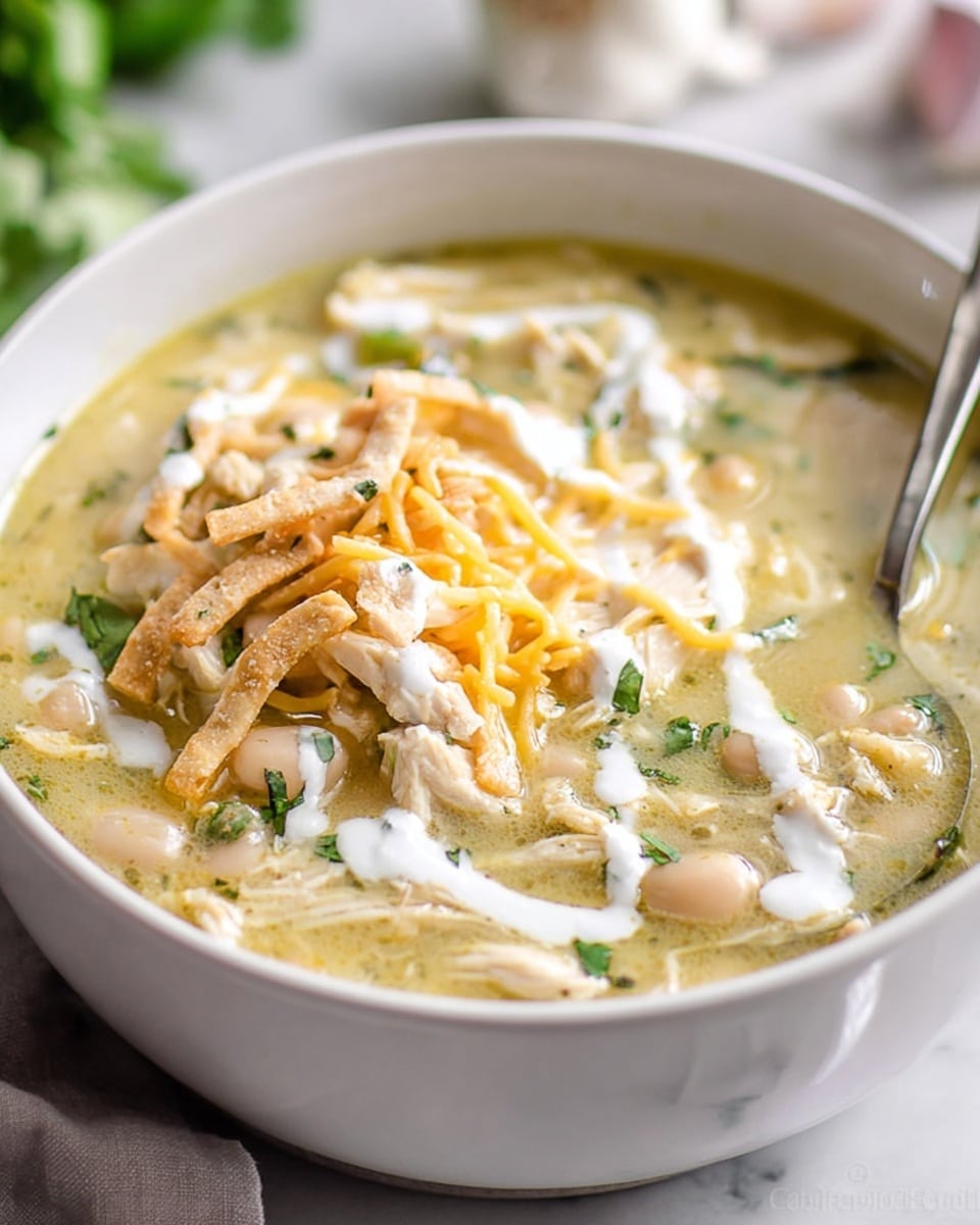 A close-up of a white bowl filled with creamy chicken soup showing multiple layers: the thick light beige broth at the base with visible chunks of shredded white chicken and white beans, topped with thin crispy golden tortilla strips scattered unevenly, some fresh chopped green herbs adding hints of color, and a drizzle of smooth white cream on top with a silver spoon resting inside the bowl. The whole scene is set against a white marbled texture, with blurred garlic and lime in the background. Photo taken with an iphone --ar 4:5 --v 7