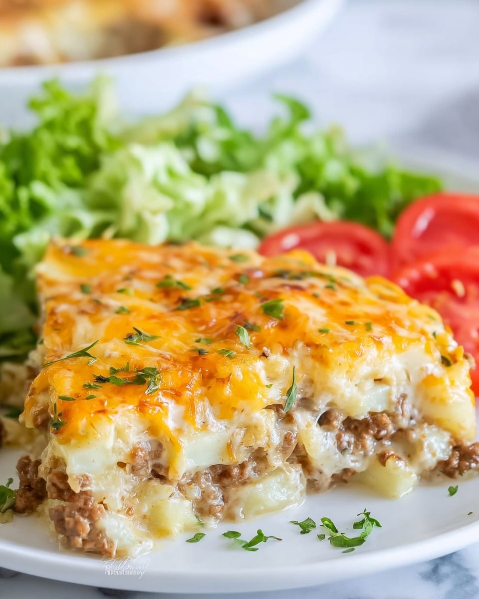 The dish shows a close-up view of a layered casserole on a white plate, with visible three layers: the bottom layer is ground meat mixed with a light creamy sauce, the middle layer consists of light-colored, slightly crispy hash brown fries, and the top layer is melted, golden-brown cheddar cheese with a few green herb sprinkles scattered on top. On the left side of the plate, fresh green lettuce leaves and bright red cherry tomato halves add color contrast. The surface beneath the plate has a white marbled texture. photo taken with an iphone --ar 4:5 --v 7