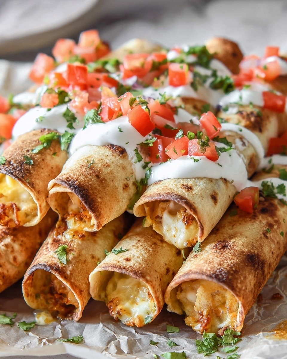 A group of rolled taquitos arranged in a close stack on crumpled parchment paper, each taquito showing a golden-brown, slightly toasted outer layer with visible specks of cheese and chicken filling inside the ends; the top of several taquitos is decorated with small dollops of white cream, finely chopped bright red tomatoes, and fresh green cilantro pieces scattered evenly across, all set on a white marbled surface background. photo taken with an iphone --ar 4:5 --v 7