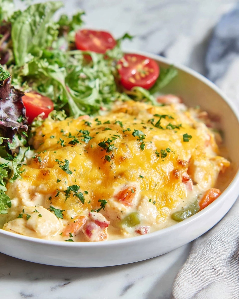 A white shallow bowl holds a creamy layered casserole and fresh salad. The casserole has three main layers: the bottom is a mix of diced green and red vegetables with chunks of white chicken, the middle is a smooth white creamy sauce with small bits of vegetables, and the top is melted golden cheddar cheese that looks bubbly and slightly browned. Sprinkled green herbs add a fresh touch on the cheese layer. On the right side of the bowl, there is a colorful salad with dark green and light green leafy vegetables mixed with halved bright red cherry tomatoes. The bowl is placed on a white marbled textured surface. photo taken with an iphone --ar 4:5 --v 7