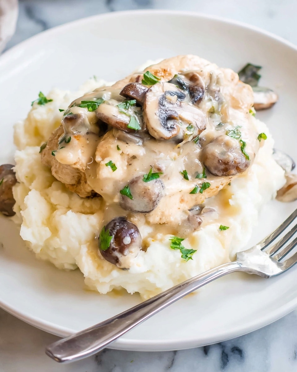A white plate holds a serving with two main layers; the bottom layer is creamy mashed potatoes with a smooth and slightly lumpy texture, and the top layer consists of two chicken breasts covered in thick beige mushroom gravy with visible dark brown mushroom slices. Small pieces of chopped green herbs are sprinkled on top of the gravy, adding a touch of color. The plate is placed on a white marbled surface, and a fork rests on the side of the plate. Photo taken with an iphone --ar 4:5 --v 7
