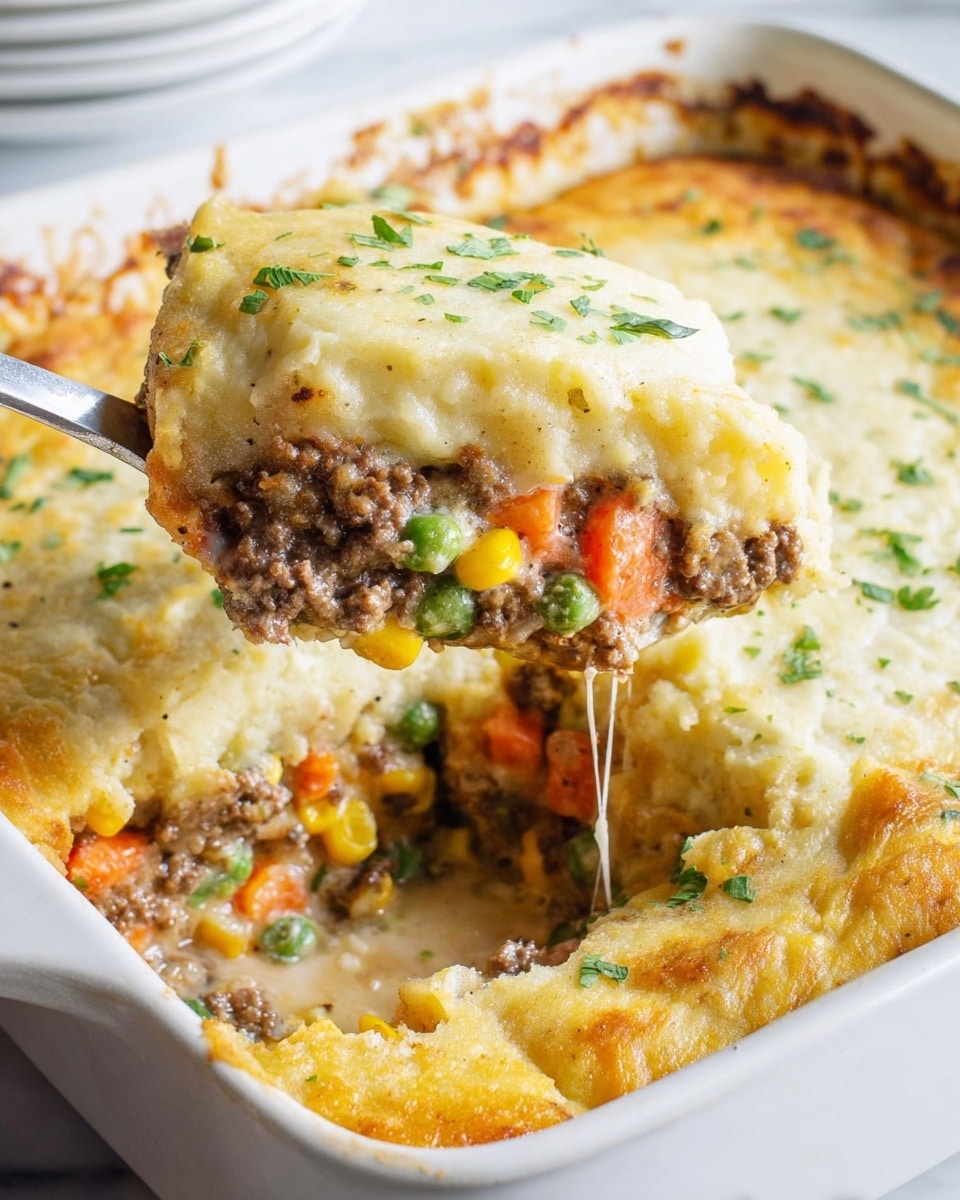 A close-up of a white baking dish showing a thick casserole with three visible layers: the top layer is a golden-brown baked crust with a light, slightly rough texture and small green herb pieces sprinkled on it; the middle layer is creamy melted cheese, smooth and glossy, oozing slightly as a spoon lifts a portion; the bottom layer is a mix of cooked ground beef, chopped bright green peas, orange carrot pieces, and yellow corn kernels, creating a colorful, hearty filling. The edge of the dish has browned cheese stuck to it, and the spoon has a silver handle. The dish sits on a white marbled texture. Photo taken with an iphone --ar 4:5 --v 7