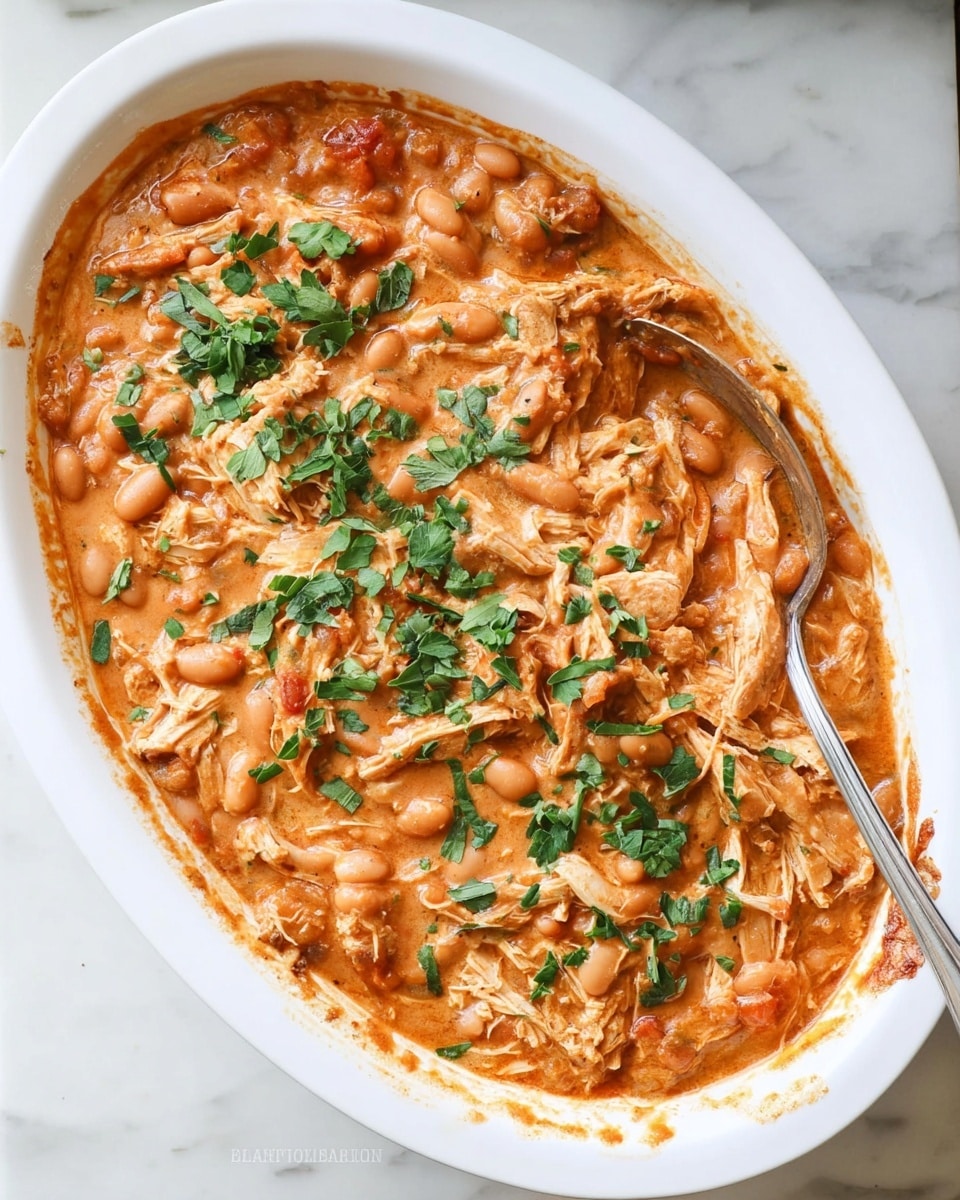 The image shows a white oval dish filled with a creamy, reddish-orange stew that has visible chunks of shredded chicken and beans throughout. The texture of the stew is thick and slightly chunky, with bits of tomato and beans visible in the sauce. The dish is topped with scattered fresh green chopped herbs, adding a pop of color. A metal spoon is partially submerged on the right side of the dish. The dish sits on a white marbled surface. photo taken with an iphone --ar 4:5 --v 7
