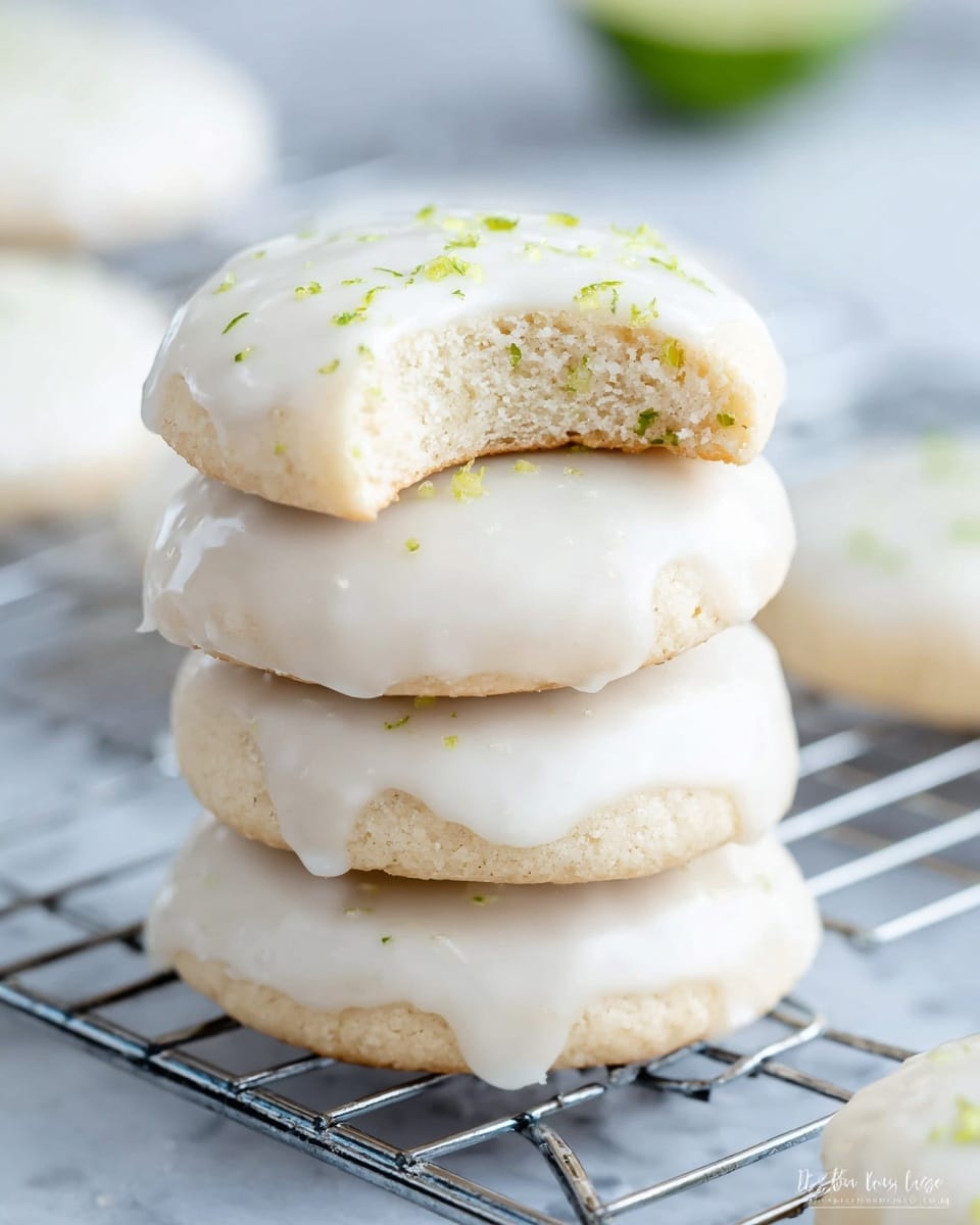 A stack of four soft, round, pale cookies with a smooth white glaze dripping down the sides sits on a metal cooling rack over a white marbled surface. The top cookie has a bite taken out, revealing a light and crumbly inside. Small green sprinkles of zest decorate the glaze on top, adding a fresh look. In the background, more similarly glazed cookies are slightly out of focus. photo taken with an iphone --ar 4:5 --v 7