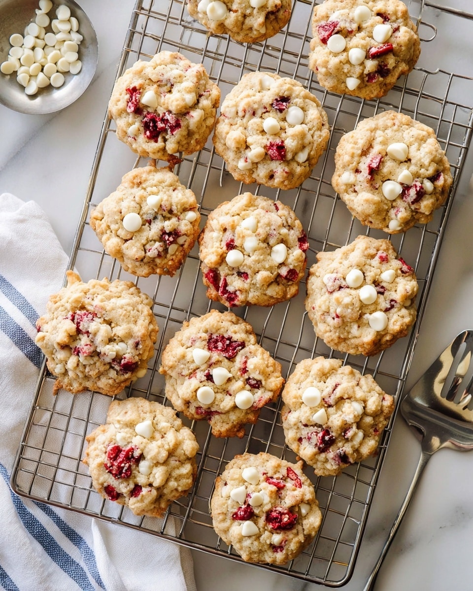 A cooling rack holds a dozen freshly baked cookies that are round and slightly thick with a golden-brown surface. Each cookie is filled with white chocolate chips scattered unevenly, creating small, creamy white spots across their lightly cracked tops. Bright red bits of raspberry are mixed throughout the dough, adding vibrant pops of color in contrast with the off-white cookie base. The cookies are placed on a cooling rack over a white marbled surface, with white chocolate chips and a metal spatula nearby, hinting at a fresh baking scene. Photo taken with an iphone --ar 4:5 --v 7