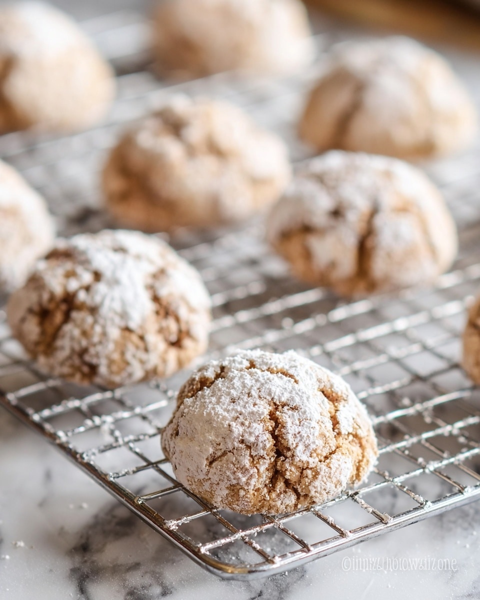 The image shows eight round cookies arranged on a silver cooling rack, each cookie coated lightly with white powdered sugar and having a slightly rough, crumbly texture. The cookies are golden brown with some small darker spots, and the powdered sugar coverage is uneven, revealing the texture underneath. The cooling rack holds the cookies evenly spaced apart, and it rests on a surface with a white marbled texture, giving a clean and bright look to the background. Photo taken with an iphone --ar 4:5 --v 7