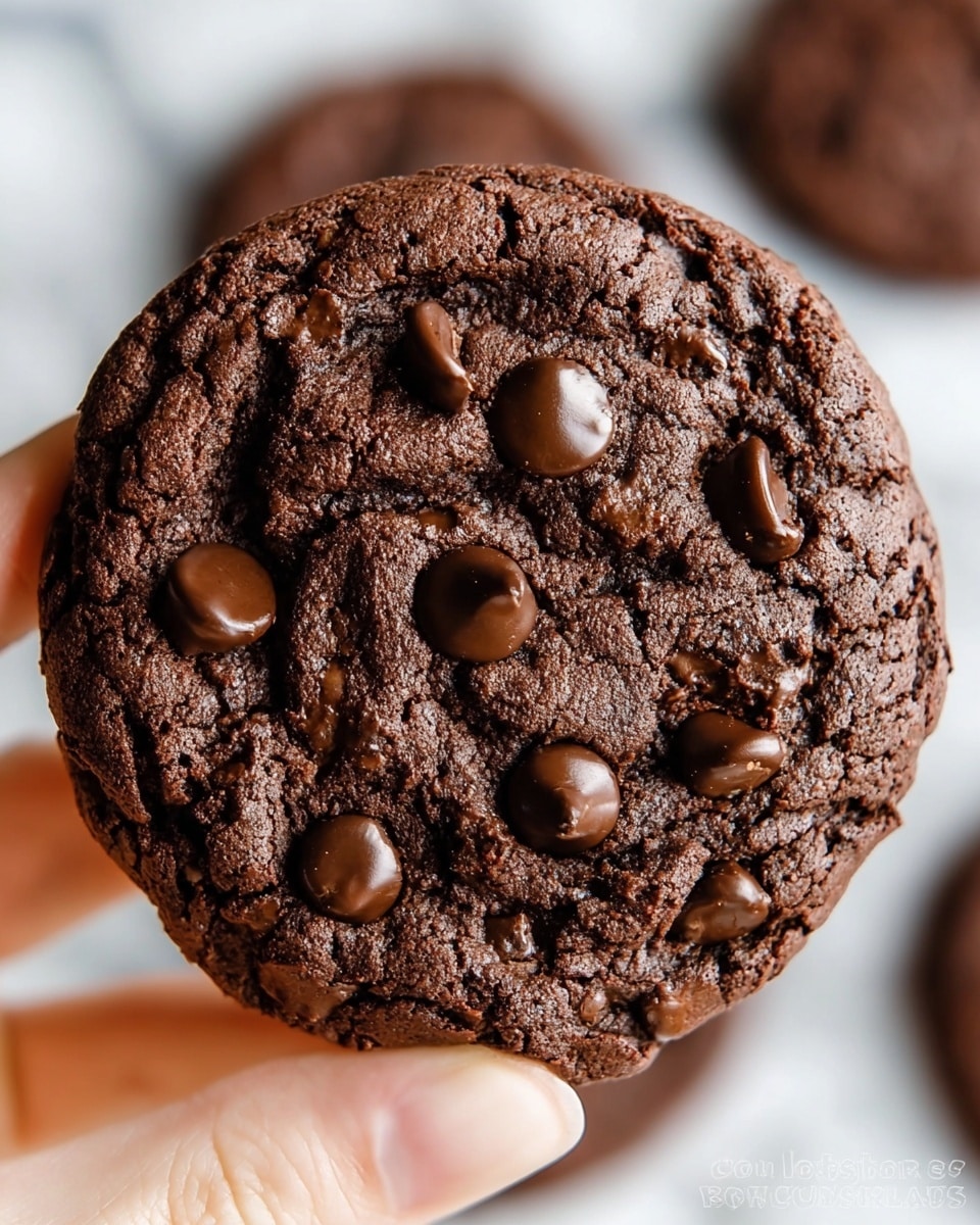 A close-up view of a single round chocolate cookie held by a woman's hand, showcasing a rich, dark brown surface filled with shiny, melted chocolate chips scattered unevenly on top. The cookie's texture is slightly cracked and rough, indicating softness inside, with some chocolate chips slightly melted into the dough. The background is softly blurred with hints of more cookies, all set on a white marbled texture. photo taken with an iphone --ar 4:5 --v 7