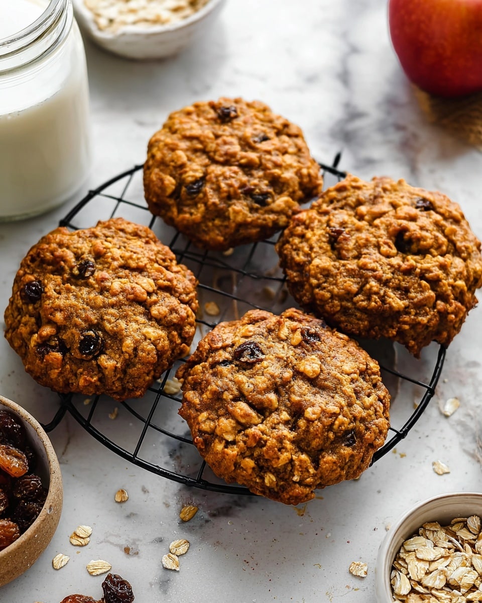 The image shows five round oatmeal cookies stacked and placed on a black wire cooling rack over a white marbled surface. The cookies are light brown with visible oat flakes and some darker spots, showing a rough texture with a homemade feel. Around the cookies, there are small pieces of walnuts and dried fruit bits scattered on the surface. In the top left corner, there is a glass of milk, and near the edge of the frame, a wooden bowl with walnuts can be seen, along with part of a red apple on the right side. photo taken with an iphone --ar 4:5 --v 7