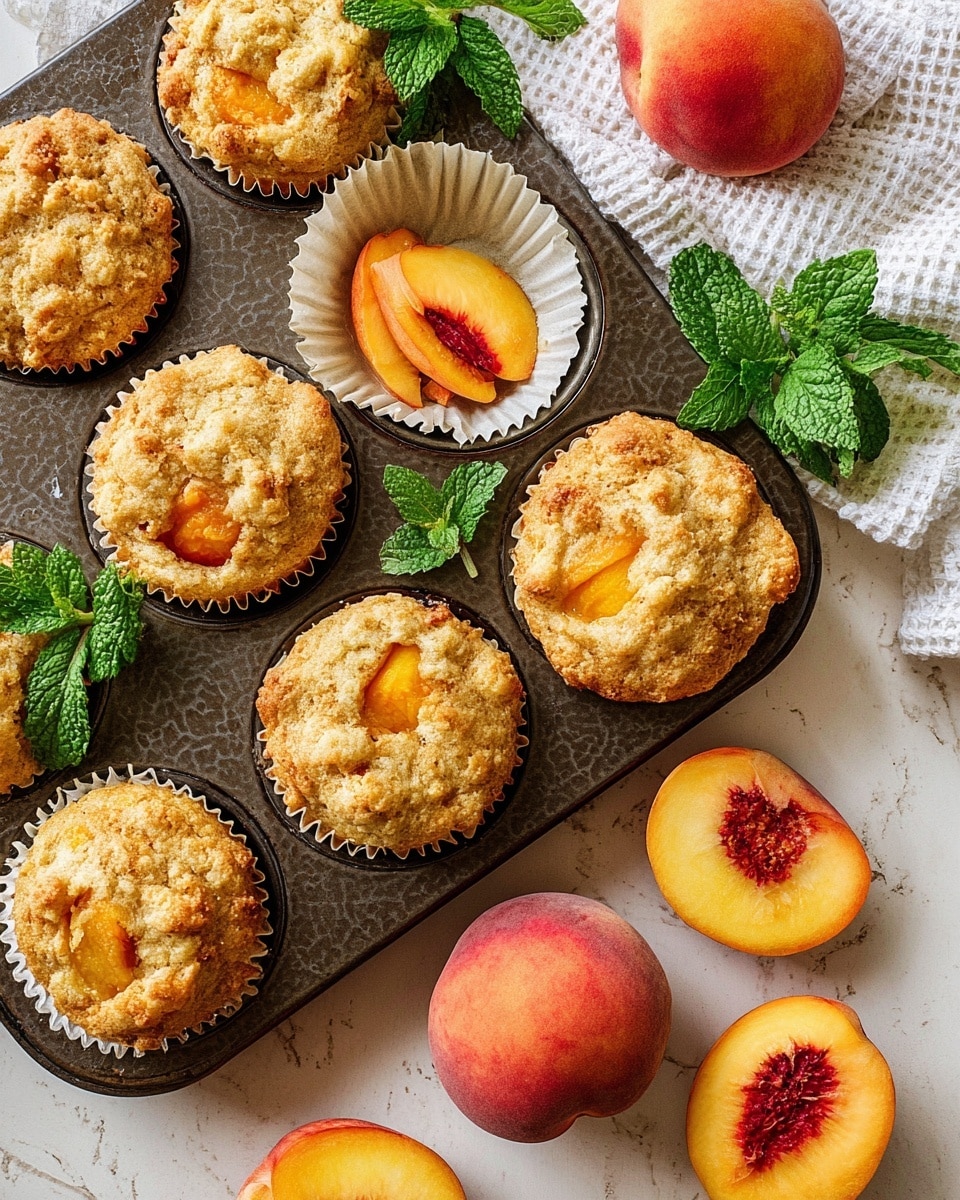 The image shows a close-up top view of peach muffins in a metal muffin tray with six cups, five filled with golden brown muffins and one cup holding a halved peach with a visible pit. The muffins are light golden with crumbly tops and scattered small peach chunks in shades of yellow and orange. Around the tray, more muffins and peach slices are placed on a white marbled surface. To the left, half of a wooden bowl filled with halved peaches and fresh green mint leaves is visible, adding a bright pop of color. A folded white and brown checkered cloth is partly seen at the top right corner. Photo taken with an iphone --ar 4:5 --v 7