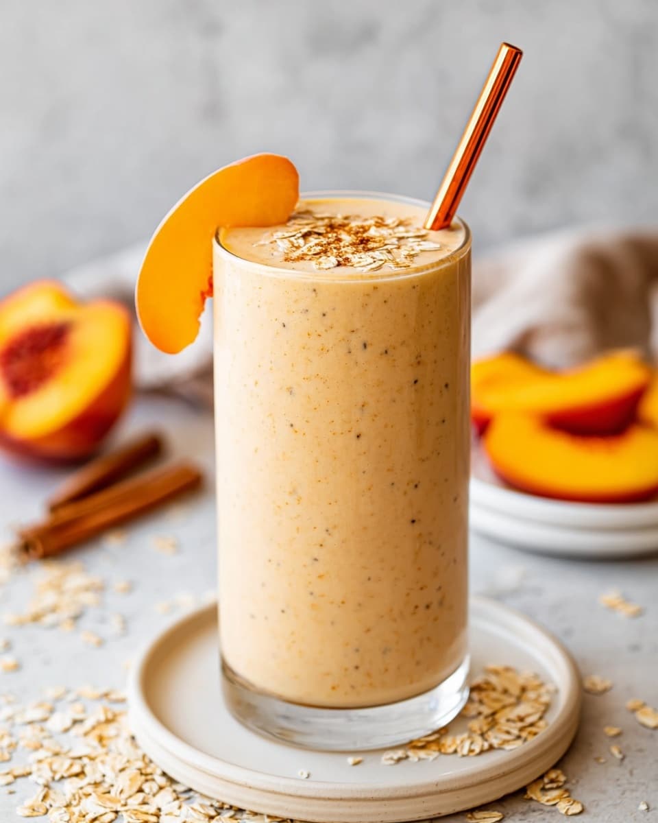 A glass filled with a creamy peach smoothie showing a light orange color with small peach specks throughout, sitting on a white plate. The smoothie glass is topped with scattered oat flakes and a sprinkle of brown cinnamon powder. A golden-colored metal straw is placed inside the glass, and a slice of fresh peach with yellow and reddish hues rests on the rim. Around the glass, there are scattered oat flakes and peach slices on a white marbled surface with a blurred background of another smoothie jar and peach pieces. photo taken with an iphone --ar 4:5 --v 7