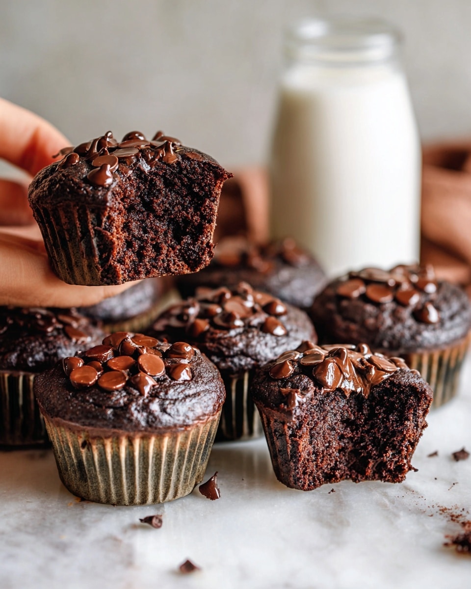 The image shows several dark chocolate muffins with melted chocolate chips on top and inside. One muffin in the center is broken open, showing its moist, rich chocolate inside with chocolate chips melted throughout. The muffins sit in worn, silver baking cups placed on a white marbled surface, with more muffins stacked and scattered around. In the background, a glass bottle filled with milk is surrounded by more muffins, and a woman's hand is holding the top of the bottle from behind. The overall feel is warm, cozy, and inviting. photo taken with an iphone --ar 4:5 --v 7