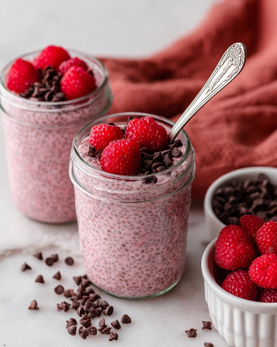 The image shows two small clear jars filled with three layers: the bottom and middle layers are a soft pink chia pudding with visible small black chia seeds, topped with a smooth layer of the same pink pudding. On top, bright red raspberries and small dark chocolate chips are scattered, adding a fresh and rich contrast. A small ornate silver spoon stands inside the front jar, angled slightly to the side. The jars are placed on a white marbled surface, surrounded by a small white dish with more fresh raspberries and a few chocolate chips scattered nearby, with a blurred glass container of chia seeds and a soft brown cloth in the background. photo taken with an iphone --ar 4:5 --v 7