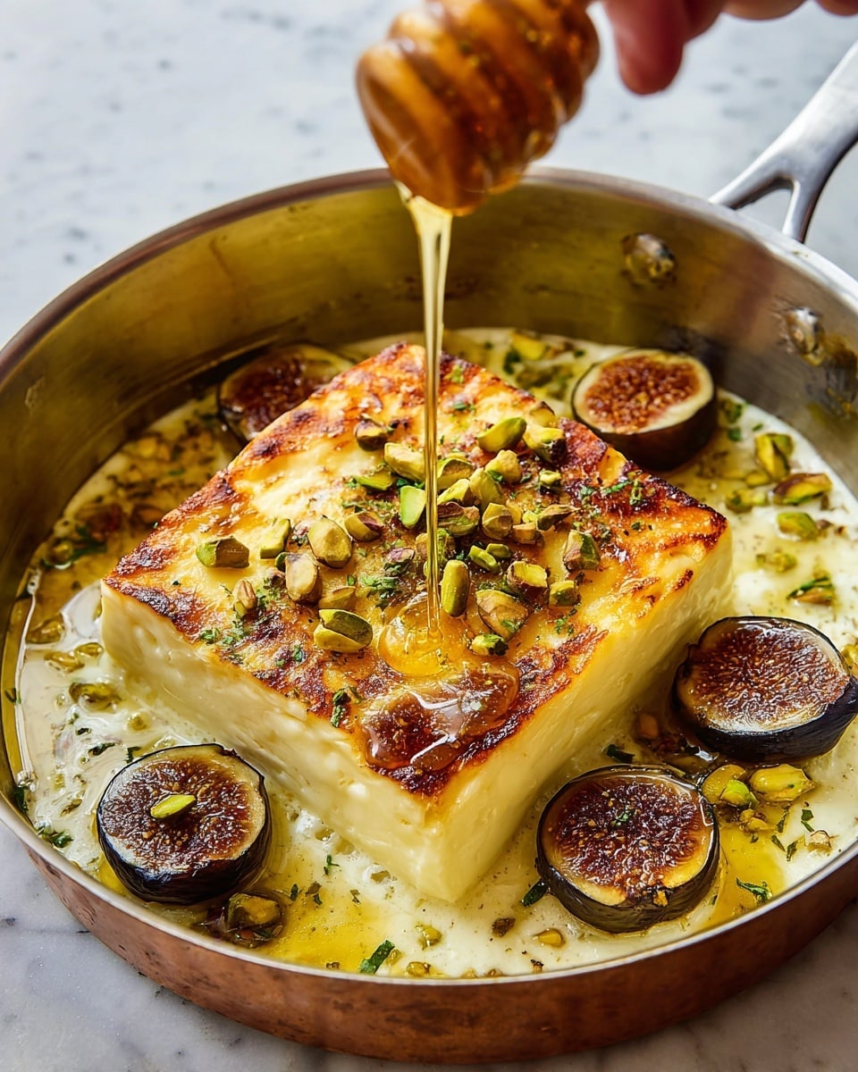 A medium-sized, golden-brown square block of baked cheese sits in the center of a shallow silver pan filled with a golden honey liquid. The cheese is topped with scattered green chopped pistachios and small herbs. Around the cheese in the honey are three halved, dark purple figs, slightly softened from cooking. A woman's hand is holding a wooden honey dipper above the cheese, dripping thick honey in a slow drizzle onto the top. The pan rests on a warm wooden surface with a glass of water blurred in the background, all set against a white marbled texture. photo taken with an iphone --ar 4:5 --v 7