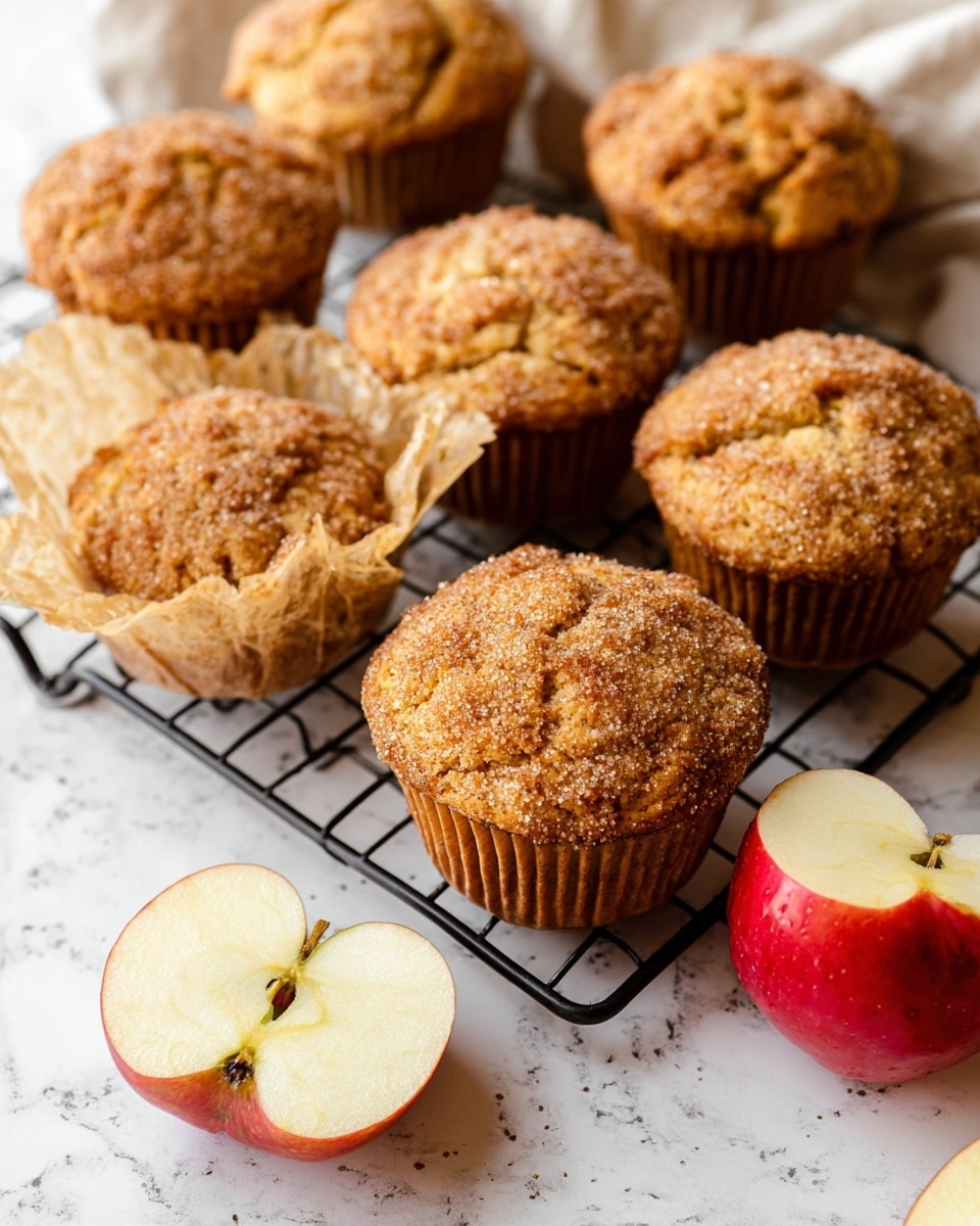 The image shows a close-up of golden brown muffins with a rough, crumbly texture on top, sitting on a black wire cooling rack over a white marbled surface. One muffin in front has its light brown paper liner peeled back, exposing the base. In the foreground, two apple halves with a smooth, pale yellow inside and red skin rest on the white marbled surface. The scene is bright, showing the warm tones and details of the muffins and apples clearly. Photo taken with an iphone --ar 4:5 --v 7