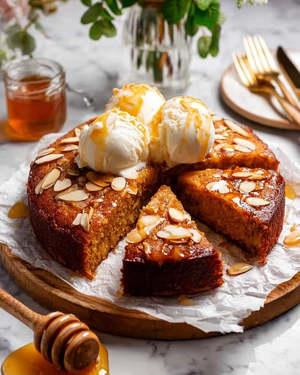 A round, golden-brown cake sits on white parchment paper over a wooden board, with one slice slightly pulled out. The top of the cake is decorated with thin, light-colored almond slices, giving it a textured look. On the center of the cake, there are three soft, melting scoops of creamy white ice cream, drizzled with a shiny, amber honey syrup that runs down the sides. Around the board, a small glass jar of honey with a wooden honey dipper and a gold fork rest on a white marbled surface, adding a warm and inviting feel to the scene. Photo taken with an iphone --ar 4:5 --v 7