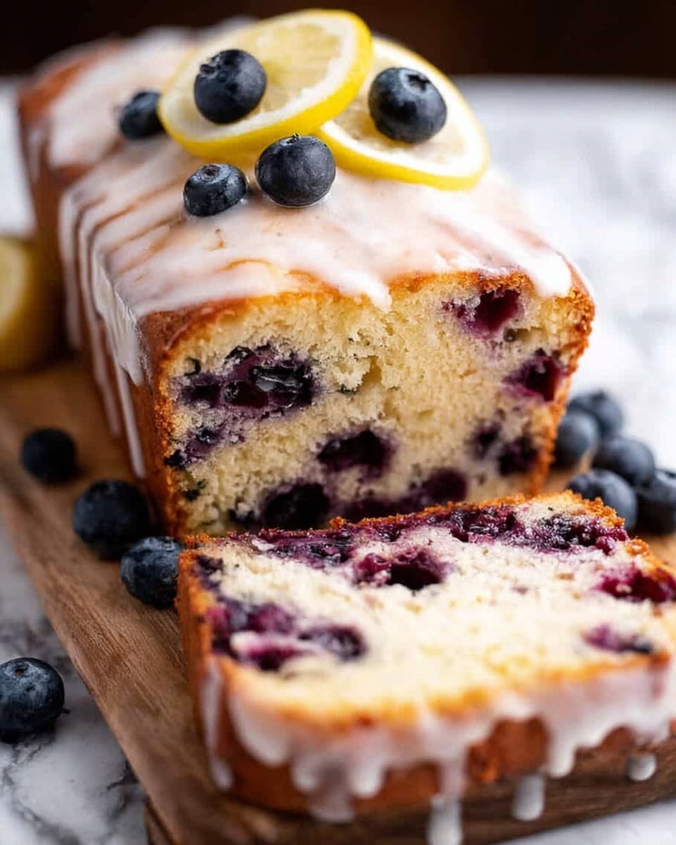 A loaf of blueberry cake is shown with one thick slice cut and laid flat in front. The cake has two layers: the inside is light yellow with many dark purple blueberries scattered throughout, and the outside has a shiny white glaze dripping down the sides. The top is decorated with fresh blueberries and a small yellow fruit stick. The cake rests on a wooden board, and there are some loose blueberries around it on a white marbled surface. Photo taken with an iphone --ar 4:5 --v 7