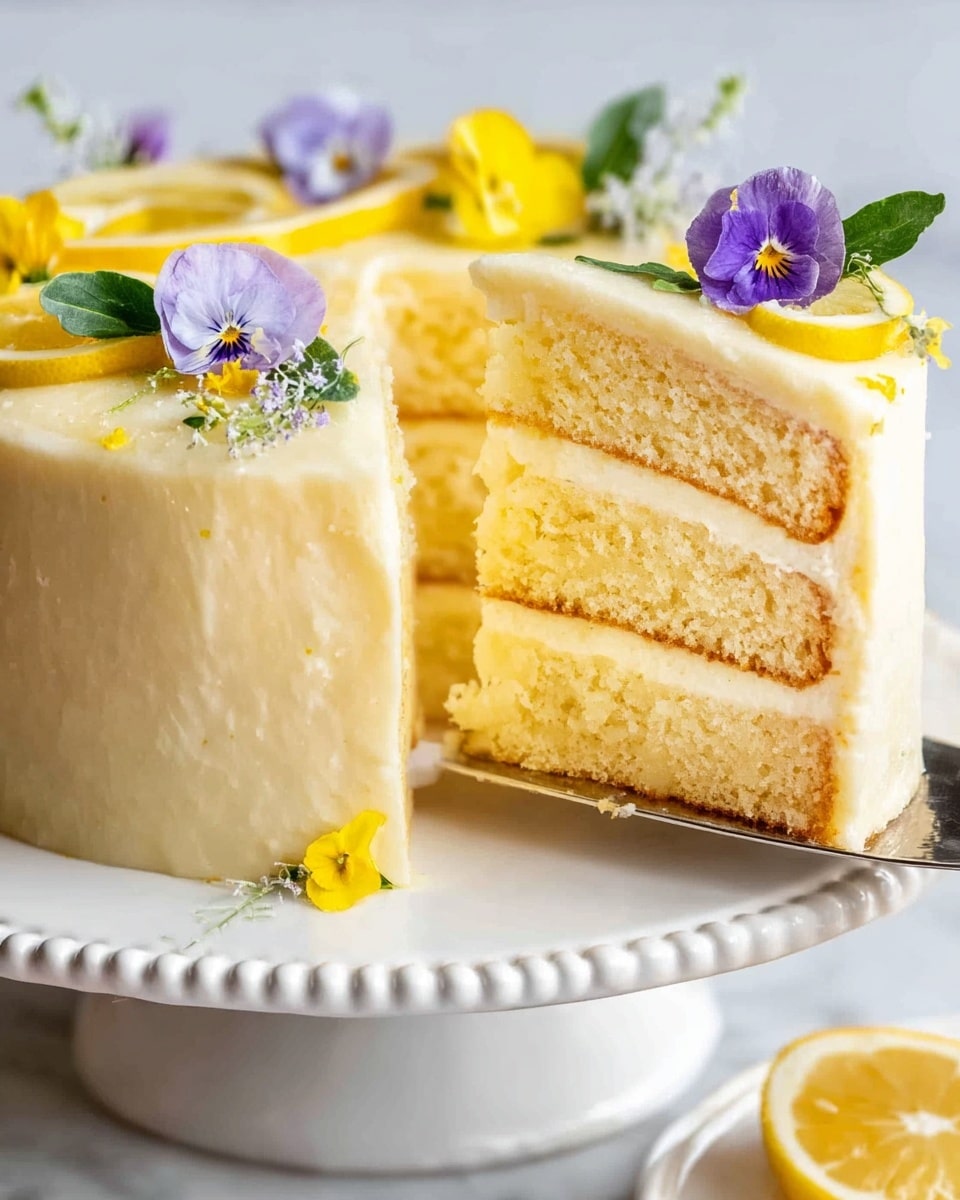 The image shows a three-layer lemon cake with pale yellow sponge layers separated by two thin layers of white cream filling. The outside of the cake is covered in smooth, light yellow frosting. On top of the cake, there are small lemon slices, green leaves, and purple and yellow edible flowers placed as decoration. The cake sits on a white plate with a subtle dotted edge detail, and a slice of cake is being lifted with a silver cake server. The background has a white marbled texture. Photo taken with an iphone --ar 4:5 --v 7