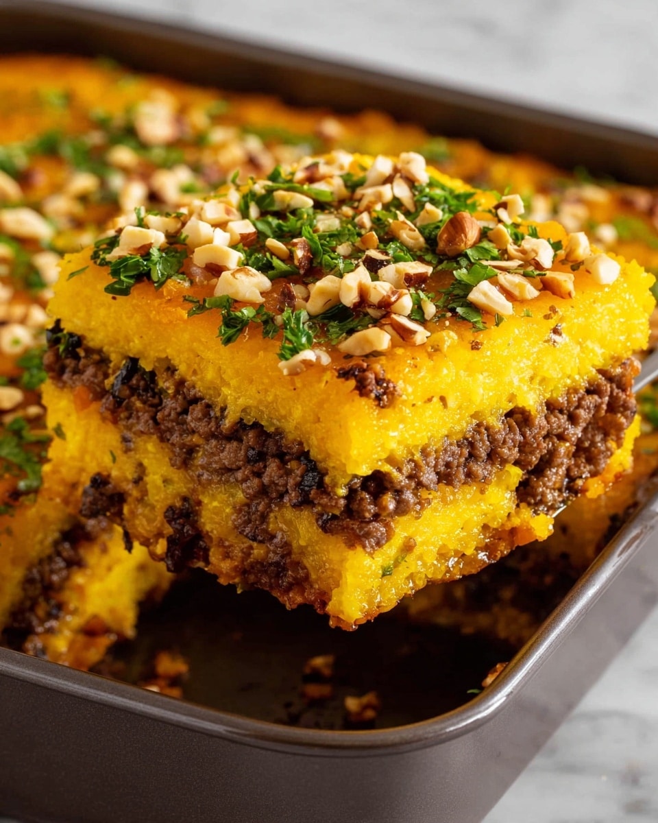 A close-up image of a three-layer baked dish in a metal tray, showing a square piece being lifted with a spatula. The top layer is bright golden yellow with a crispy texture, sprinkled with chopped nuts and green herbs. The middle layer is a rich dark brown ground meat mixed with pine nuts and small pieces of mushrooms, adding a juicy, chunky texture. The bottom layer is a similar golden yellow base, soft and dense, supporting the other layers. The white marbled surface underneath reflects light softly. photo taken with an iphone --ar 4:5 --v 7