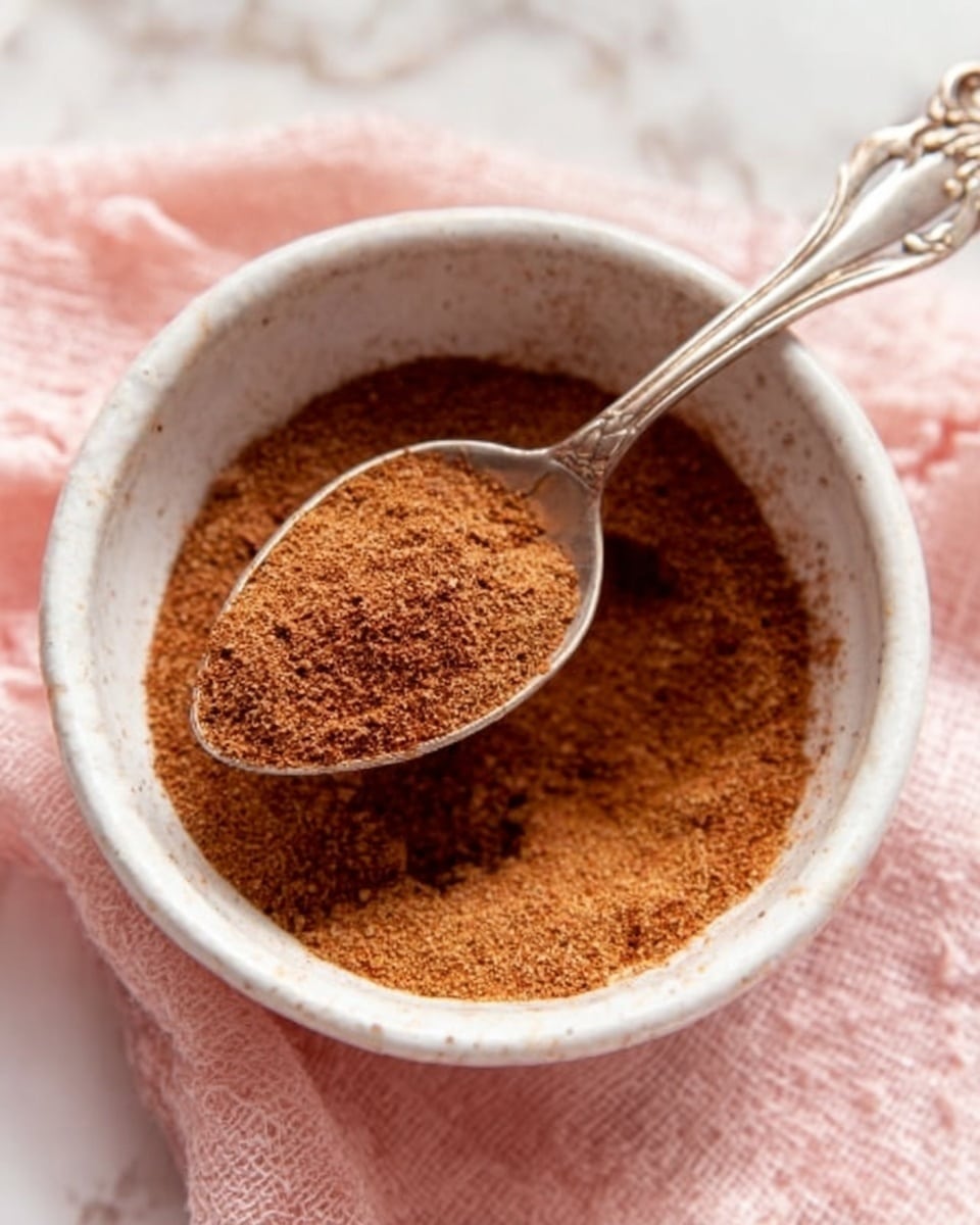 A white bowl filled with smooth ground cinnamon powder, with a vintage silver spoon resting inside. The cinnamon is a rich reddish-brown color with a fine texture, evenly spread in the bowl and slightly heaped around the spoon. The bowl sits on a soft pink cloth on top of a white marbled surface. The spoon's handle extends out, showing ornate details, and a small amount of cinnamon dust is visible on the edge of the spoon. photo taken with an iphone --ar 4:5 --v 7