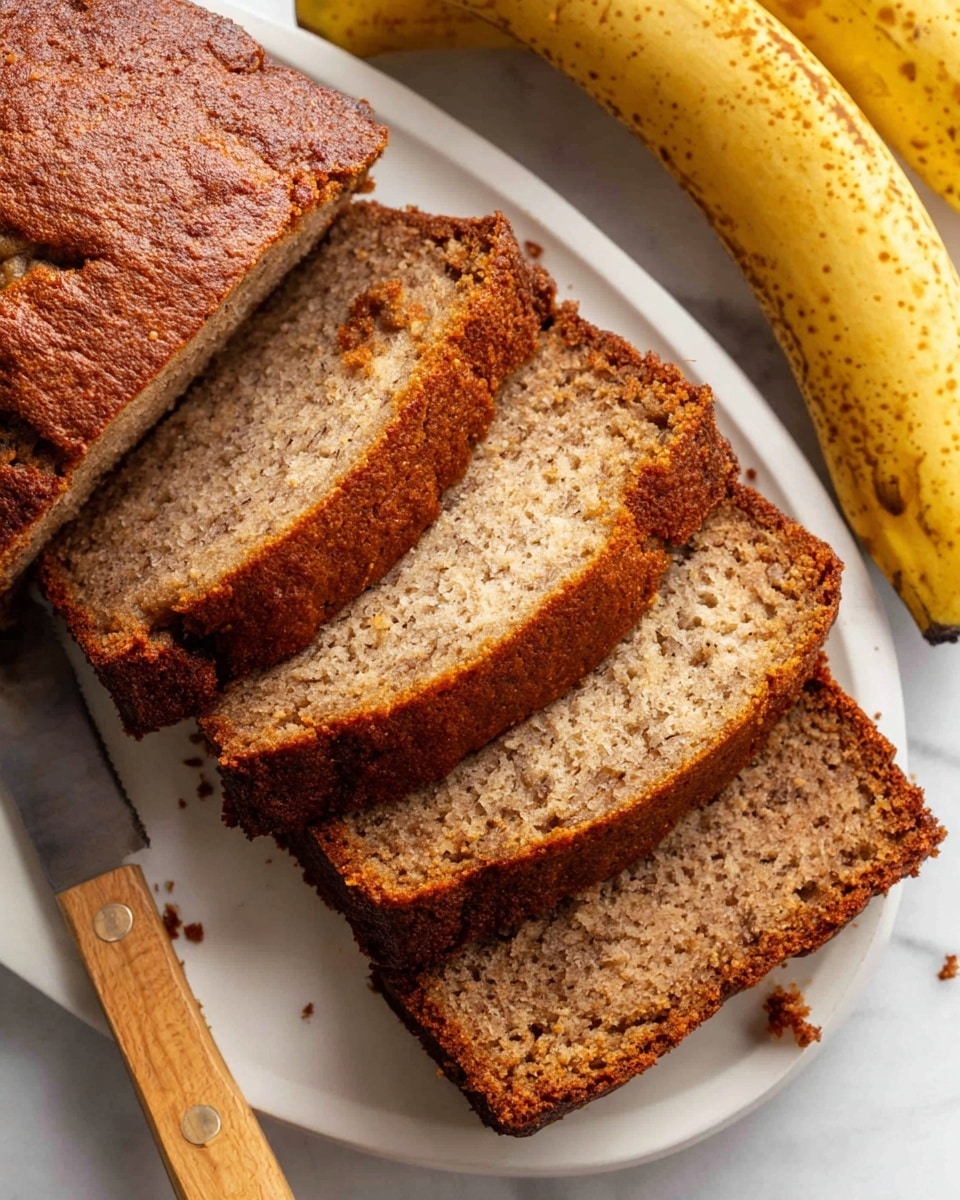 A loaf of banana bread with a medium brown crust and a soft, light brown inside is sliced into four pieces and laying flat on a white plate. The slices show a moist and slightly crumbly texture with small air pockets. Behind the sliced bread, two ripe yellow bananas with brown spots rest on the plate. To the right, a bread knife with a wooden handle lays on the white marbled surface next to the plate. Photo taken with an iphone --ar 4:5 --v 7