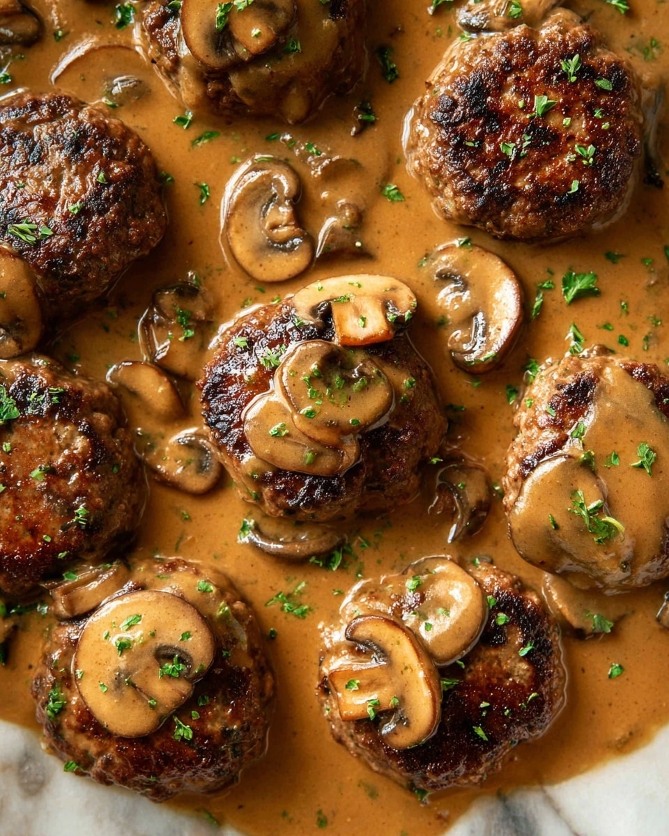 A close-up view of several browned meat patties in rich brown mushroom sauce. Each patty has a rough, textured surface with slight charring and is partly covered by glossy sauce with visible mushroom slices and small bits of herbs. The sauce is thick and smooth, pooling around and slightly over the patties, with bright green herb bits scattered on top for contrast. The background is a white marbled texture. photo taken with an iphone --ar 4:5 --v 7