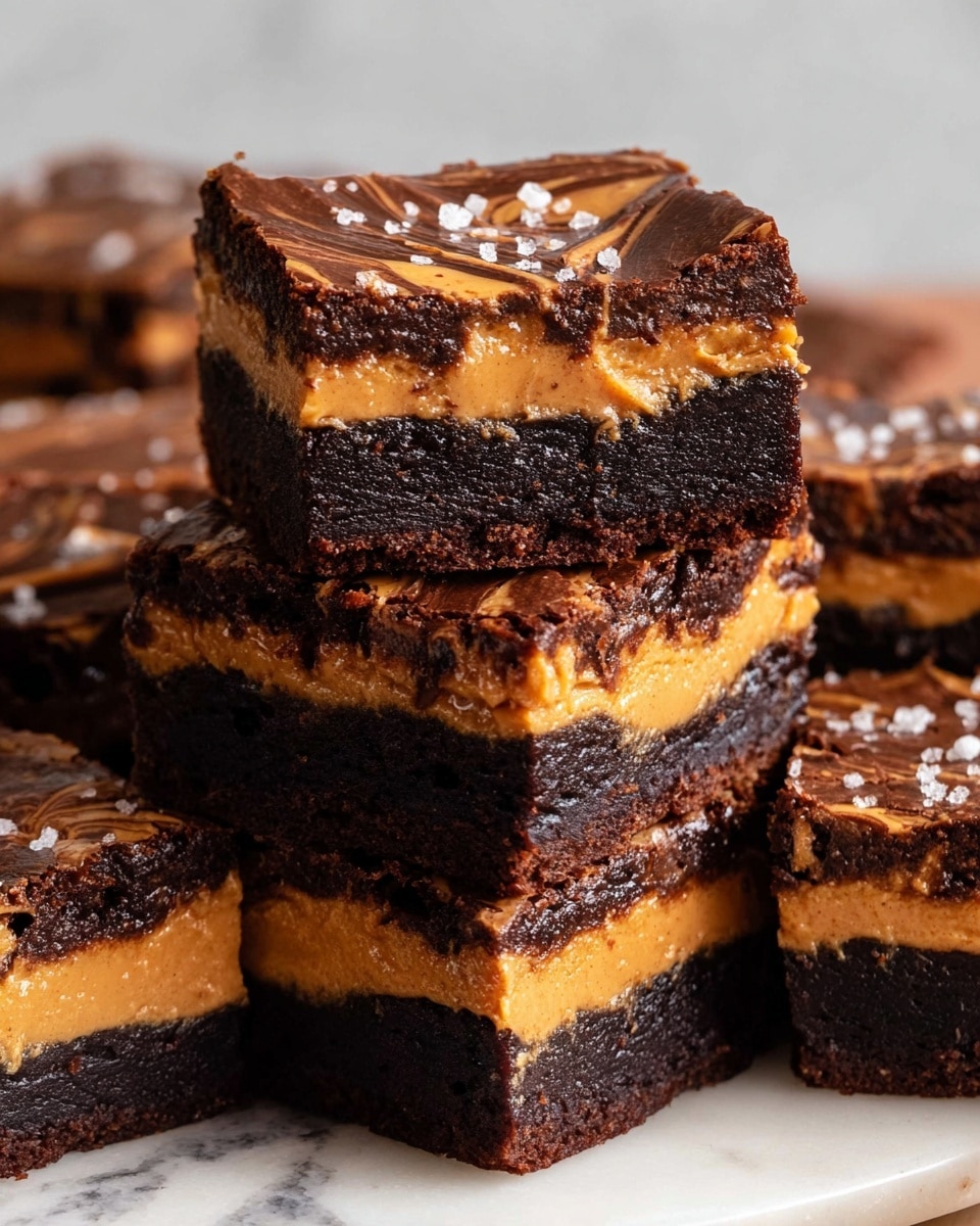 The image shows a close-up of several stacked brownies with three visible layers each: a thick, dark brown bottom layer with a rich, dense texture; a middle layer of smooth, creamy caramel in a golden brown color; and a top dark brown layer that looks slightly cracked and fudgy with a sprinkle of coarse white salt on it. The brownies are placed closely together on a white marbled textured surface, creating a warm and indulgent look. Photo taken with an iphone --ar 4:5 --v 7
