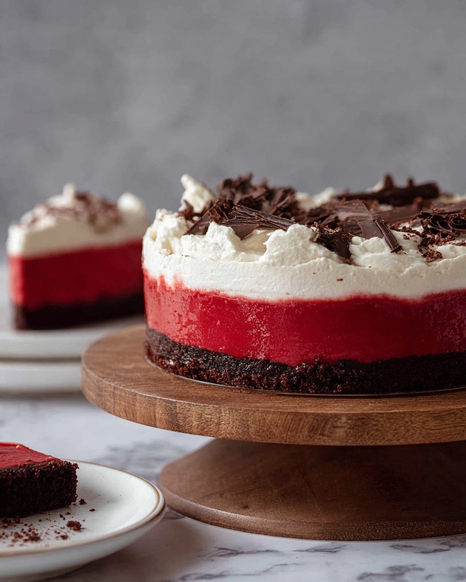 The image shows a round dessert with three visible layers on a wooden stand. The bottom layer is thin and dark brown, resembling a chocolate crust. The middle layer is thick, smooth, and bright red with a glossy texture. The top layer is white whipped cream, softly spread unevenly with small peaks and sprinkled with thin dark chocolate shavings. The background is a white marbled texture. In the foreground, a white plate holds a slice of the dessert with visible red and white layers. photo taken with an iphone --ar 4:5 --v 7