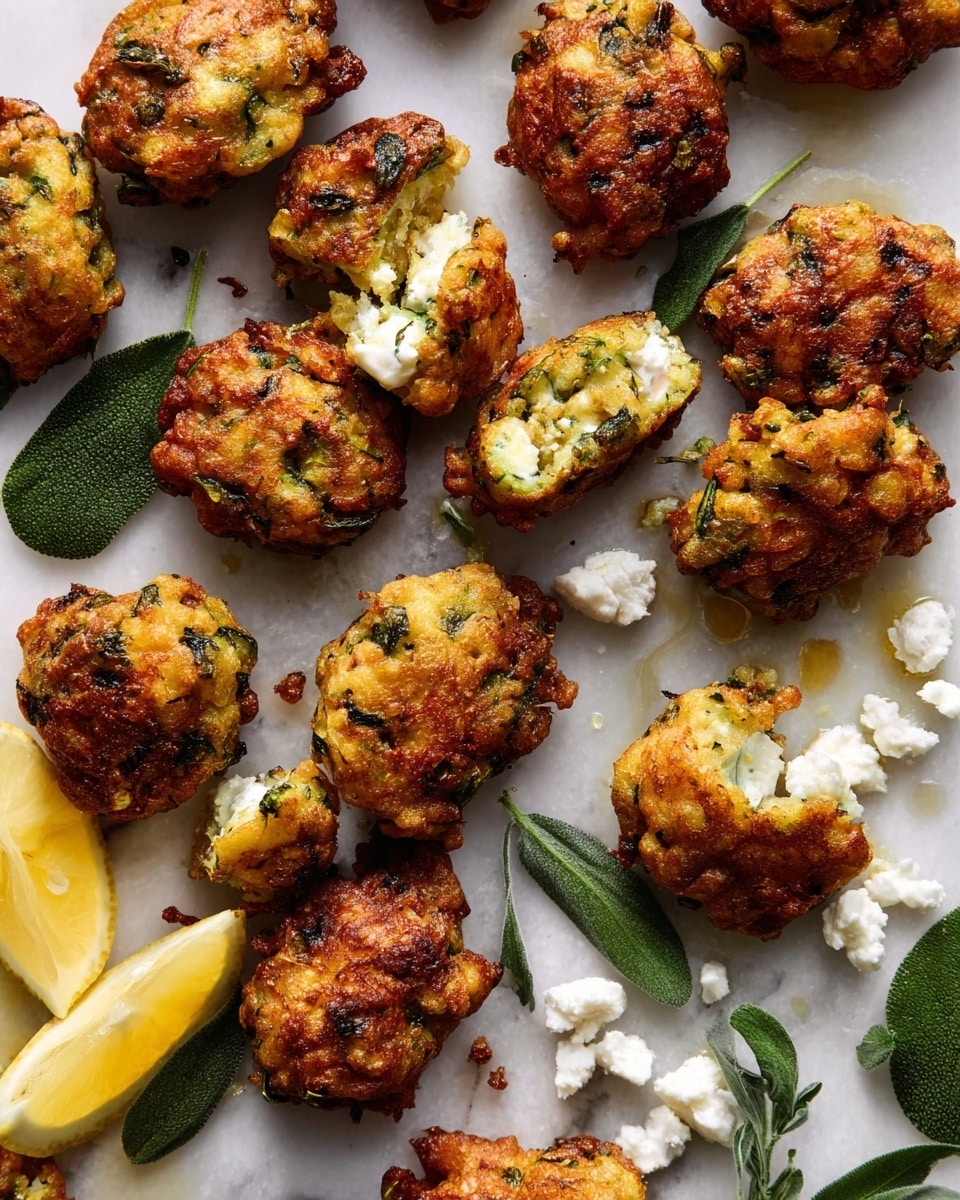 The image shows several golden-brown, crispy fritters with a rough texture from the chopped green herbs and small white cheese pieces inside and on top. The fritters are irregularly shaped, with browned edges and some showing a soft, crumbly white filling inside. Scattered around the fritters are fresh green leaves and small chunks of white cheese, adding contrast to the warm colors of the fritters. Two bright yellow lemon wedges sit among the fritters, adding a fresh pop of color. The whole scene is set on a white marbled surface. photo taken with an iphone --ar 4:5 --v 7