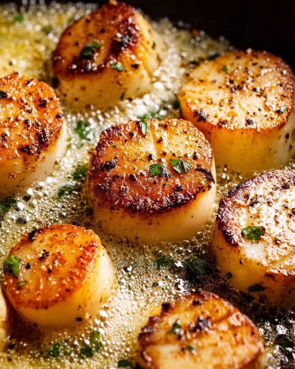 Close-up of several round scallops, each with a golden brown crust on the top and light creamy white sides. They are cooked in a pan with bubbling yellow butter sauce that has small pieces of green herbs and tiny black pepper specks. The scallops show a slightly rough texture on top with a smooth, soft look on the sides. The background is a white marbled texture. photo taken with an iphone --ar 4:5 --v 7