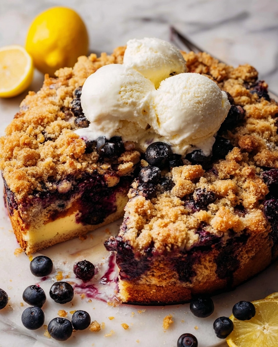 A round blueberry crumb cake is shown from above, with a golden brown crumb topping that is crumbly and evenly spread across the top layer. Underneath the crumbs is a layer of dark purple blueberry filling that oozes slightly. Below that is a thick, soft yellow cake layer forming the base. Two scoops of creamy white vanilla ice cream sit on top of the cake, starting to melt and drip slightly onto the crumbs. Blueberries and a half lemon with bright yellow flesh are placed around the cake on a white marbled surface, adding contrast and freshness to the scene. Photo taken with an iphone --ar 4:5 --v 7