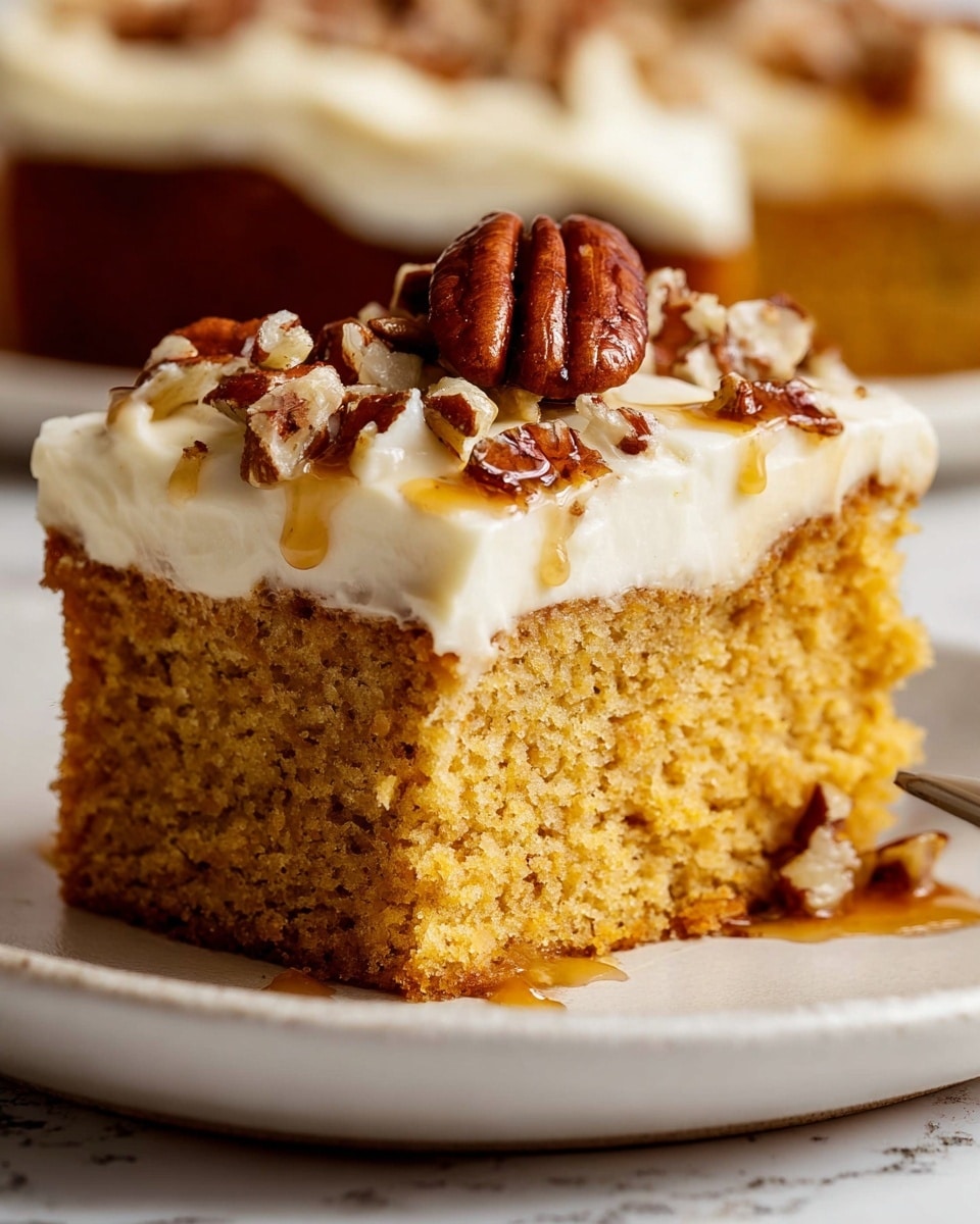 A square piece of cake sits on a white plate with a white marbled texture beneath it, showing two visible layers: the bottom layer is thick and moist with a golden brown color and soft crumb texture, and the top layer is creamy white frosting, smooth and fluffy. The frosting is topped with chopped pecans scattered across the surface, with a drizzle of amber syrup running down the side of the cake. The background is softly blurred, showing hints of more cake pieces on white plates and a woman's hand reaching in. Photo taken with an iphone --ar 4:5 --v 7