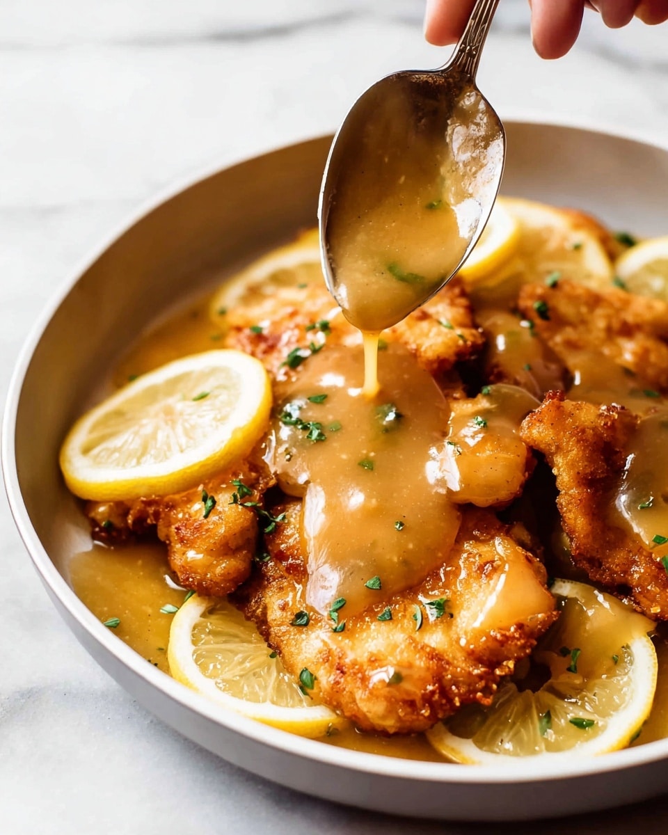 The image shows a close-up of two crispy golden-brown chicken cutlets in a white dish with thin yellow lemon slices around them. A thick, glossy light brown sauce with bits of green herbs is being poured from a spoon held by a woman's hand over the chicken. The chicken texture is crunchy and slightly uneven, and the sauce flows smoothly, covering part of the cuts. The background is blurred but appears warm-toned, giving a cozy feeling. Photo taken with an iphone --ar 4:5 --v 7