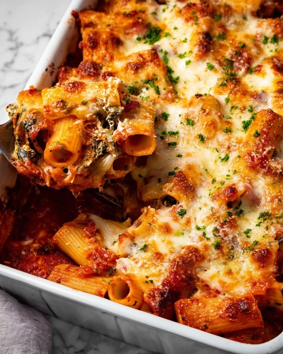 This image shows a white baking dish filled with baked pasta that has three visible layers. The base layer is rich, red tomato sauce with chunks of tomatoes and green herbs visible. Above it is a layer of rigatoni pasta mixed with small pieces of cooked meat and vegetables, showing an orange-red hue from the sauce. The top layer is creamy, melted cheese with a golden-brown, slightly crispy texture in spots, garnished with finely chopped green parsley. A metal spoon scoops some pasta from the corner of the dish, revealing the saucy inside. The dish is set on a white marbled texture surface. Photo taken with an iphone --ar 4:5 --v 7