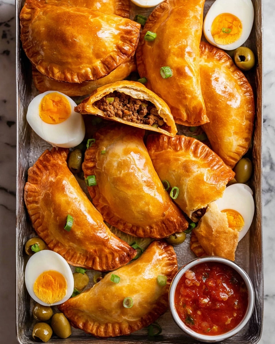 A tray holds ten golden brown empanadas with shiny, slightly cracked crispy crusts, arranged closely together; one empanada on the tray is cut open, revealing a filling of browned minced meat mixed with small pieces of potato and crumbled cheese in the center. Scattered around the tray are halved boiled eggs with bright orange yolks and white olives with pimentos. A white bowl filled with red tomato sauce sits near the bottom right, with one empanada partially dipped inside. Fresh green chopped spring onions are sprinkled over the tray, all placed on a white marbled surface. photo taken with an iphone --ar 4:5 --v 7