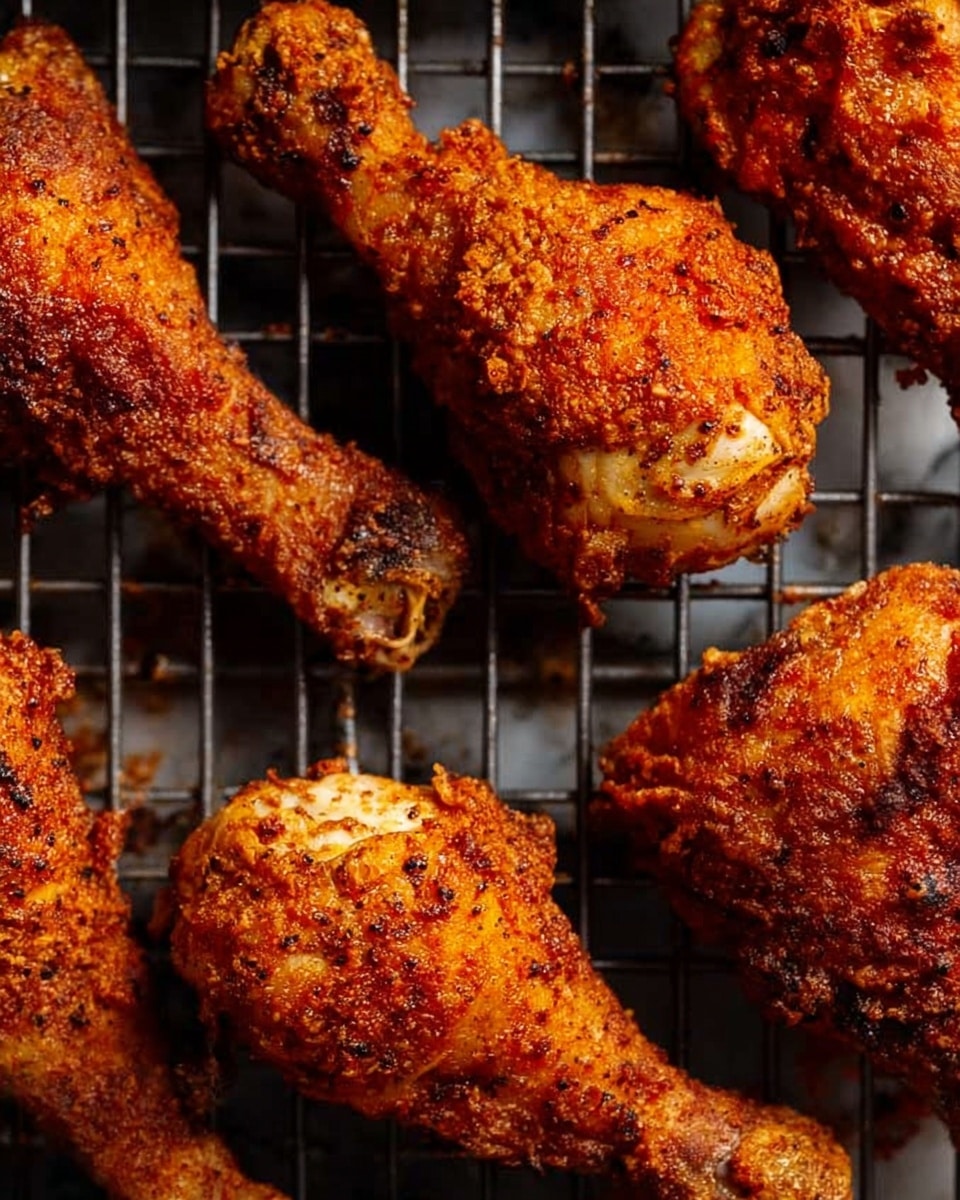 The image shows several pieces of fried chicken drumsticks placed on a black wire rack over white parchment paper, arranged closely but not overlapping. The chicken has a rich golden-brown to dark reddish-brown color with a crispy, textured coating that shows visible spices and seasoning. The skin appears crunchy with some darker spots from frying, giving it a well-cooked, appetizing look. The chicken pieces are varied in size but mostly similar, and the overall setup is simple with the focus on the chicken texture and color. The background surface has a subtle white marbled texture. photo taken with an iphone --ar 4:5 --v 7