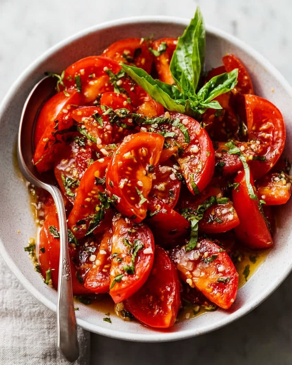 A white bowl filled with a mix of bright red tomato wedges, each glistening with a light coating of oil and tiny bits of minced garlic scattered on top. Fresh green basil leaves are placed on the tomatoes, adding a vibrant contrast. A silver spoon rests on the right edge inside the bowl, holding some tomato pieces. The bowl sits on a light gray cloth on a white marbled surface. The tomatoes look fresh and juicy with a shiny texture, and the herbs are finely chopped. photo taken with an iphone --ar 4:5 --v 7