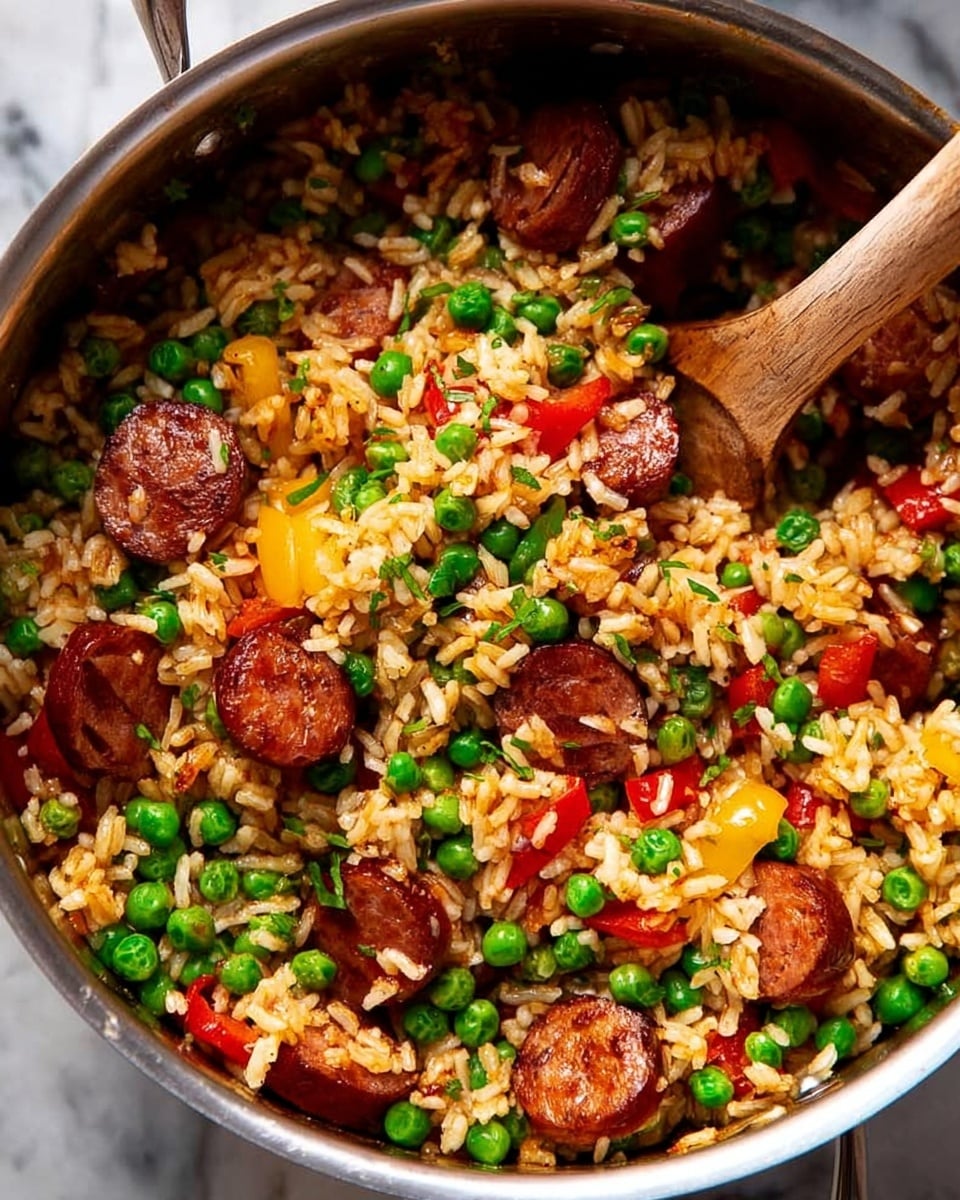 The image shows a close-up of a silver pot filled with a colorful rice dish. The dish has three main layers: the first layer is yellowish cooked rice mixed evenly throughout, the second layer is bright green peas scattered all over, and the top layer features round slices of reddish-brown sausage spread across the dish. A metal spoon with a wooden handle is partially submerged in the rice, picking up some of the contents. The pot sits on a white marbled surface, and the overall look of the food is fresh and vibrant. photo taken with an iphone --ar 4:5 --v 7