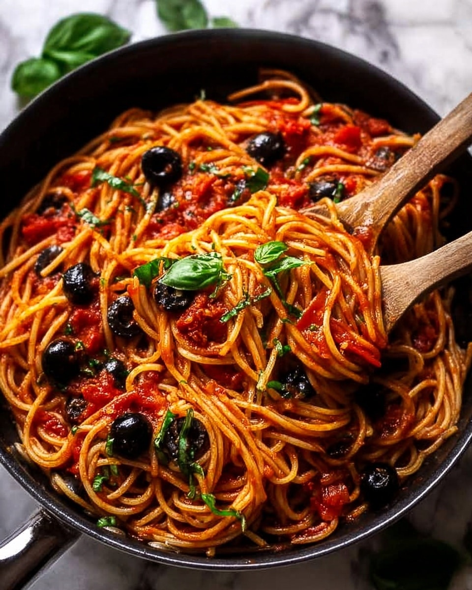 A black pan filled with spaghetti coated in a rich red tomato sauce with chunks of tomato and slices of black olives mixed throughout. The pasta strands are twisted and lifted by two wooden spoons on either side of the pan. Small fresh green basil leaves are sprinkled on top, adding a touch of bright green color. The pan sits on a white marbled surface with some scattered basil leaves around. Photo taken with an iphone --ar 4:5 --v 7