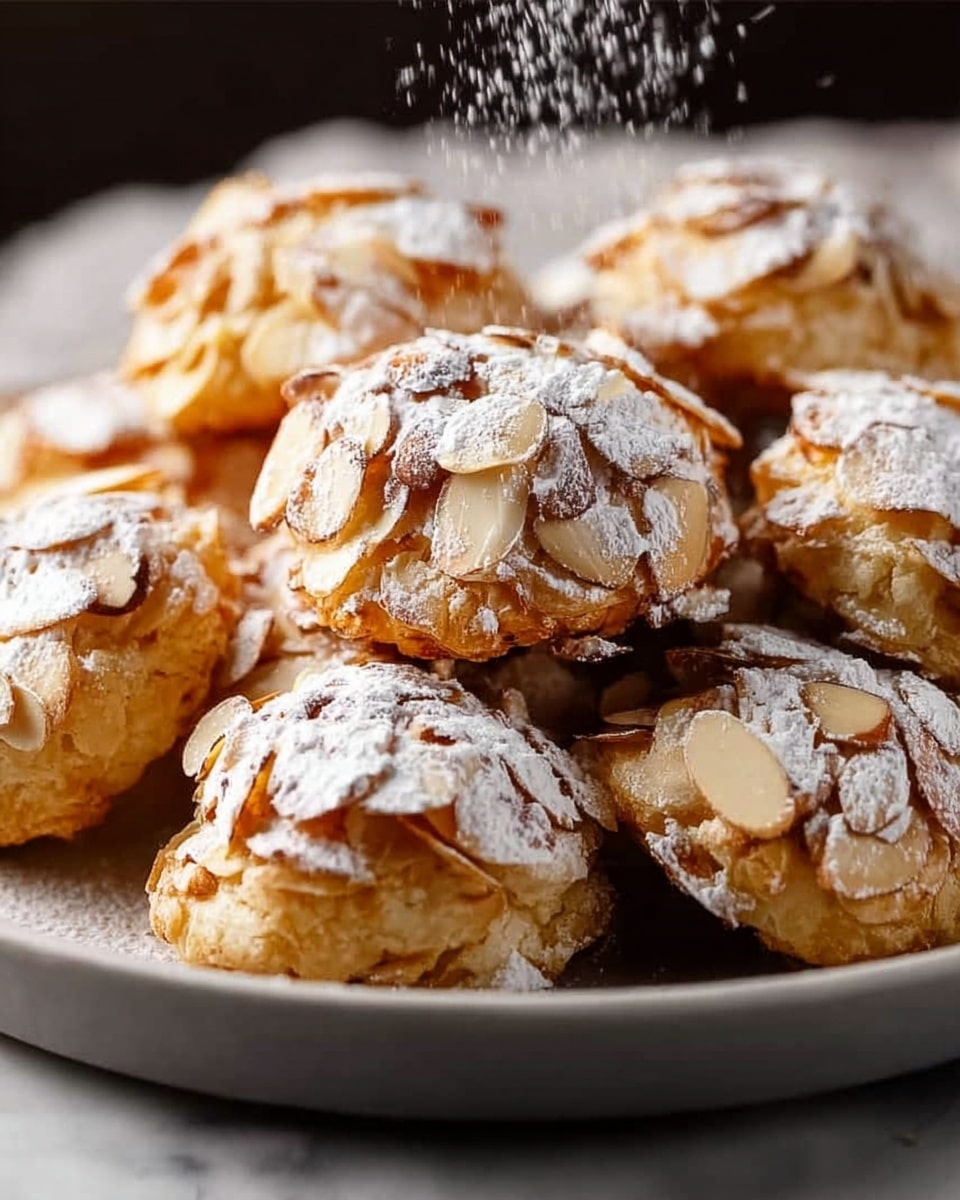 A close view of a dark dish piled with several small pastries covered fully with golden-brown almond slices. Powdered sugar is falling from above, lightly dusting the pastries with a fine white layer. The pastries have a rough, textured look due to the almond slices, and they sit on a dark surface that contrasts with the white sugar powder. In the lower part of the image, a soft fabric is blurred, adding depth. The background is dark, making the almond pastries stand out. photo taken with an iphone --ar 4:5 --v 7